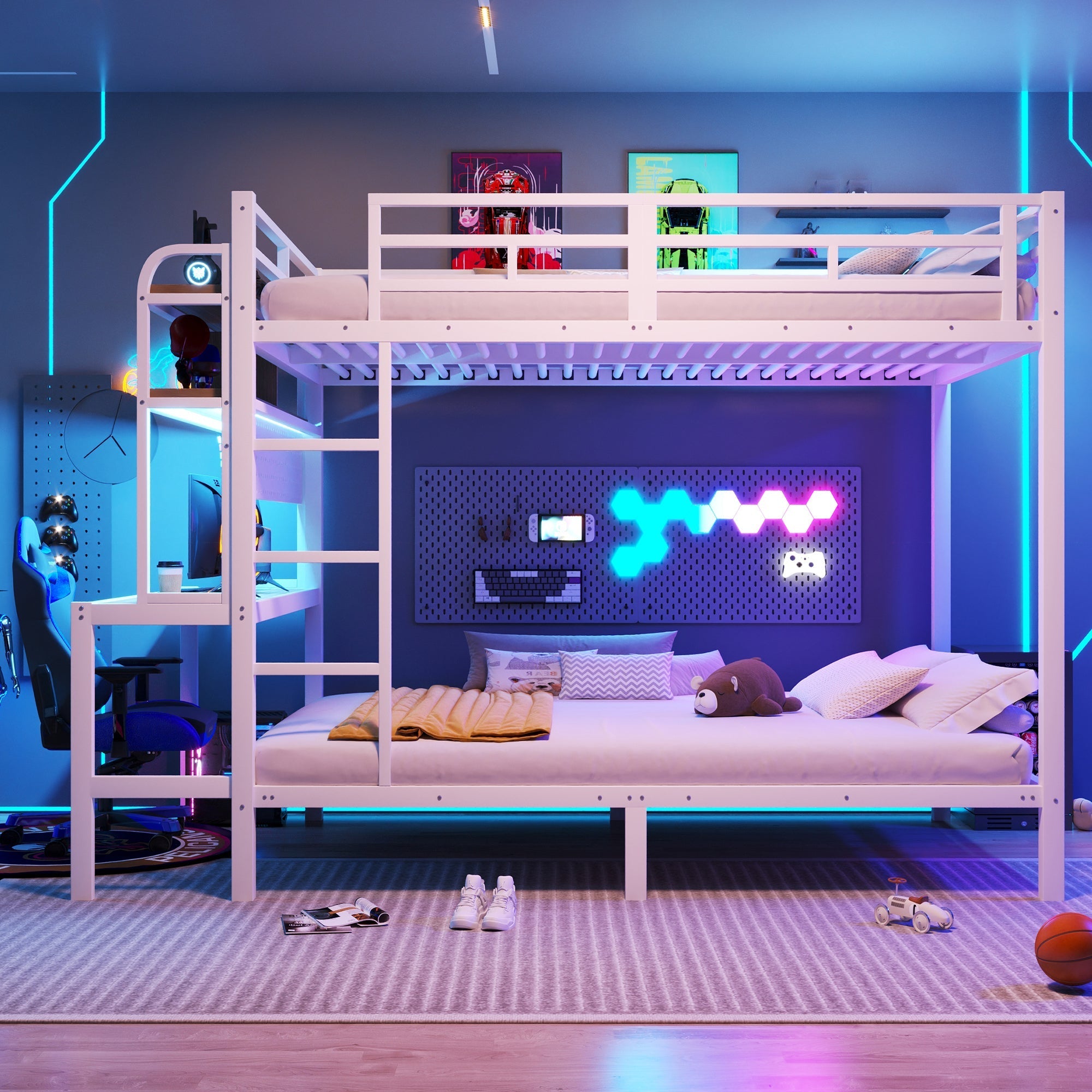 Bunk Bed 140x200cm Iron Frame Desk Storage LED Light USB White