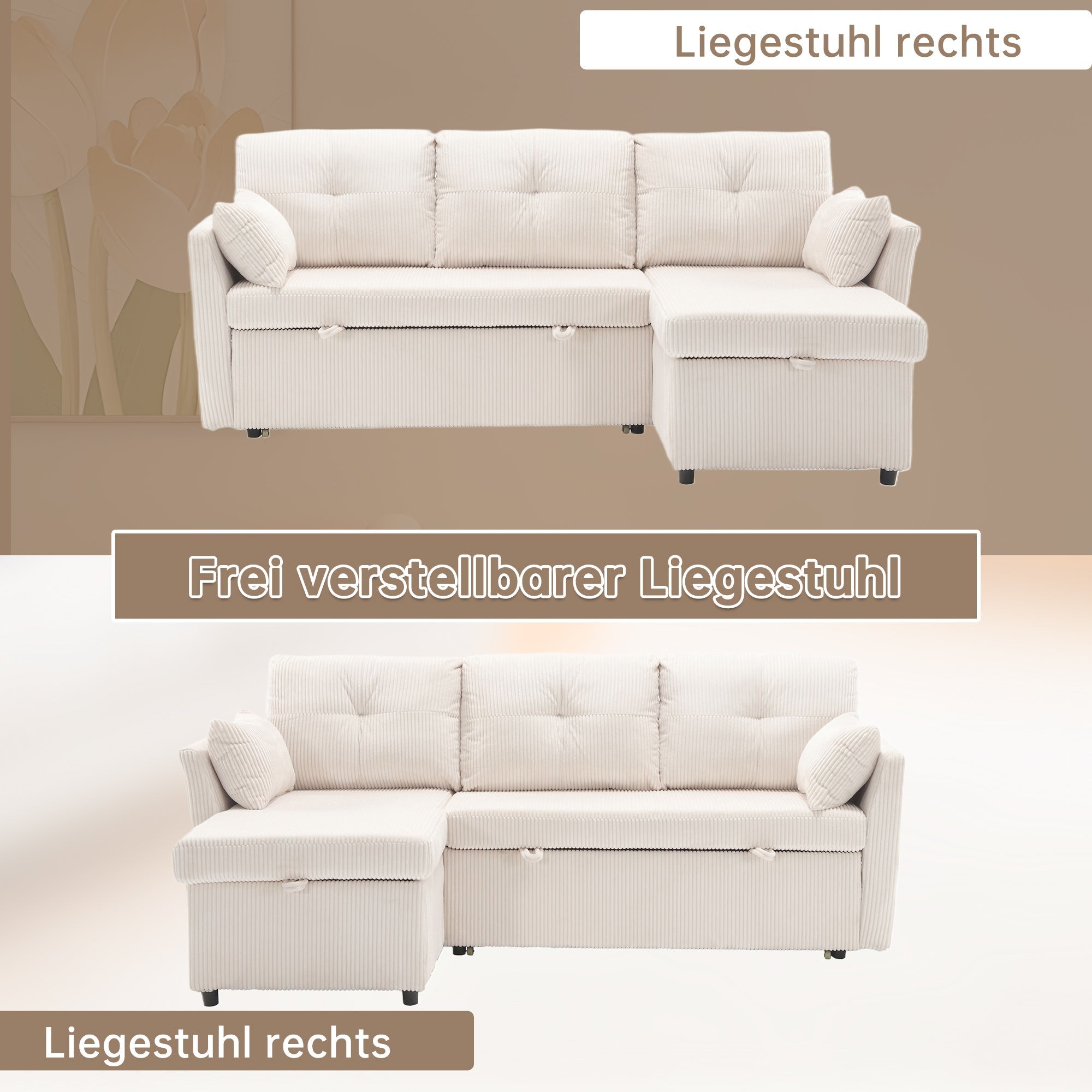 Sofa Bed, Multi-functional with Storage & Pull-out, Chaise Lounge Interchangeable, Modular L-Shaped Sectional