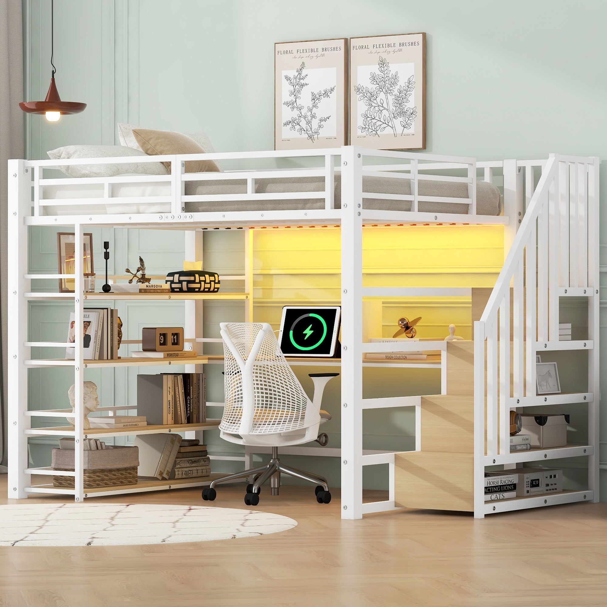 Metal Loft Bed with Desk, Stairs, Storage and LED Light, White