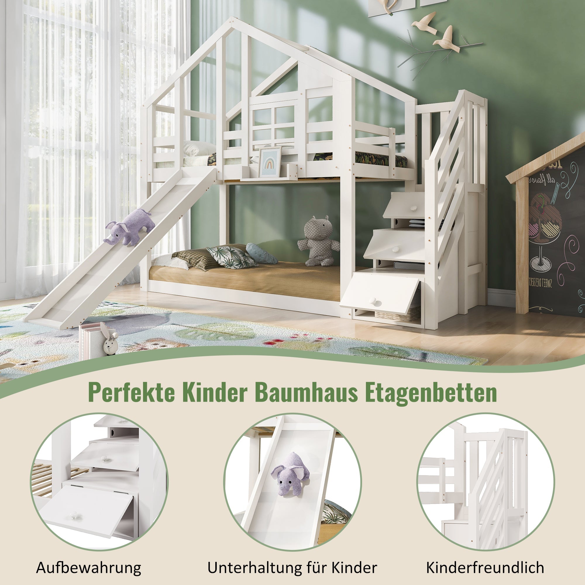 Children's Bed Tree House 90x200cm, Bunk Bed with Slide & Fall Protection, White