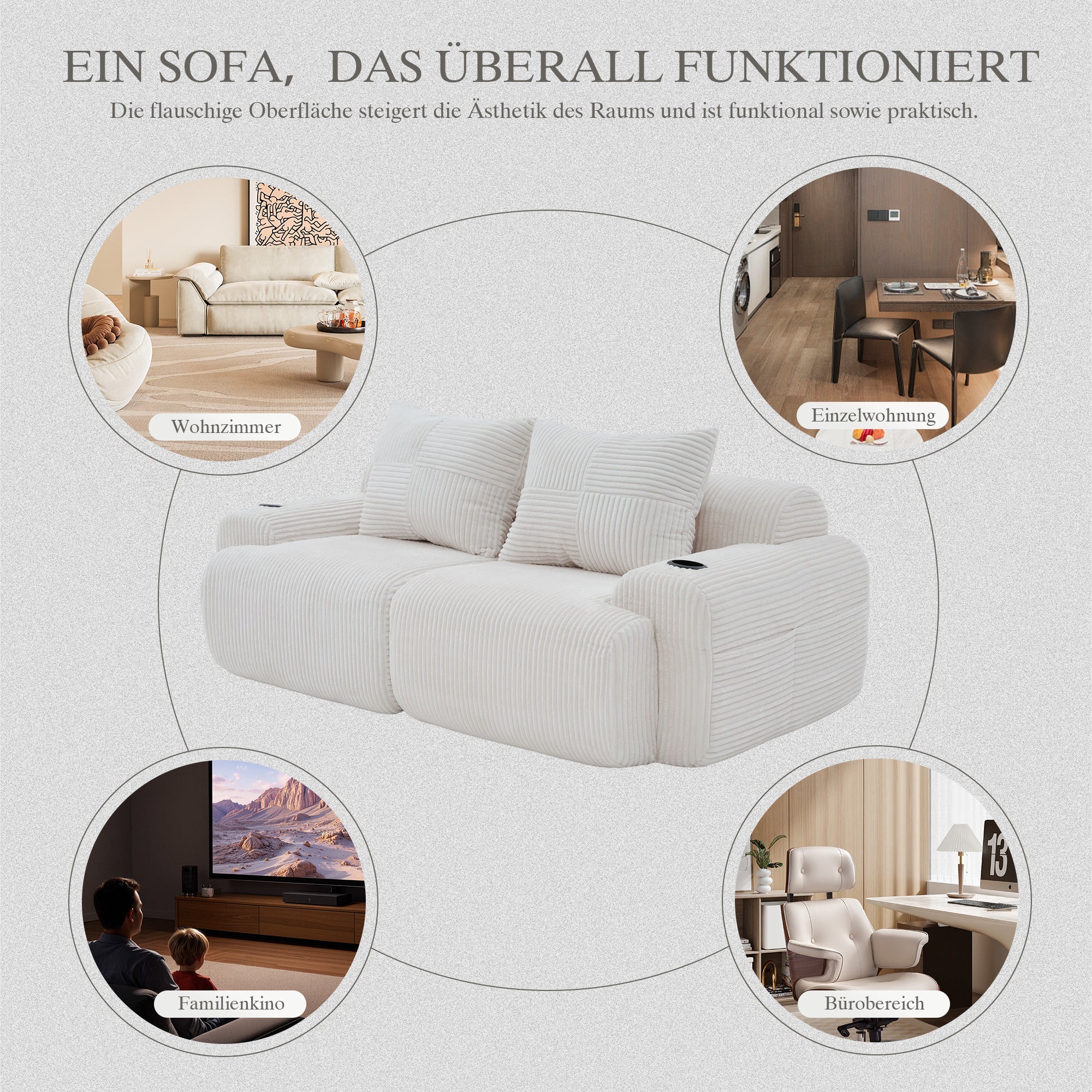Modular 2-Seater Sofa with Cup Holder and Side Storage Pocket, Beige Corduroy