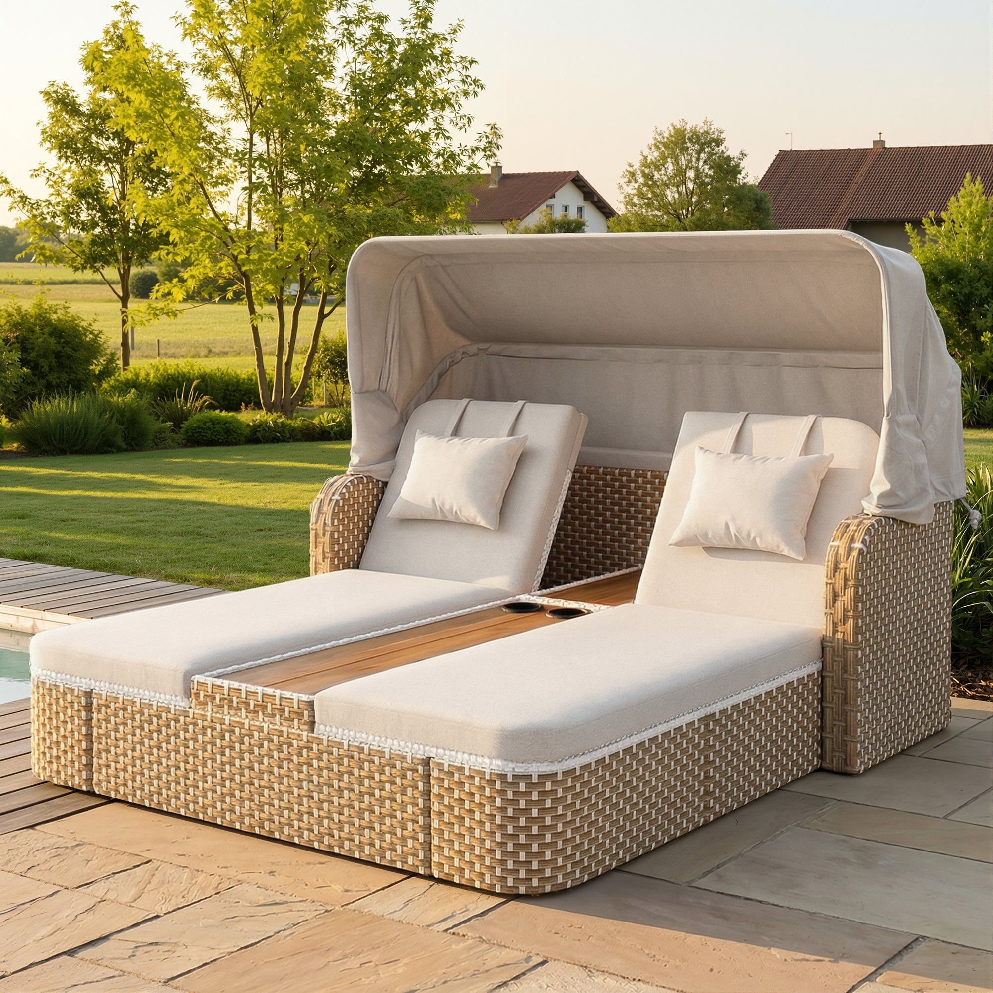 Rattan Sun Island Garden Lounger with Awning and Weatherproof Design, Beige and Grey