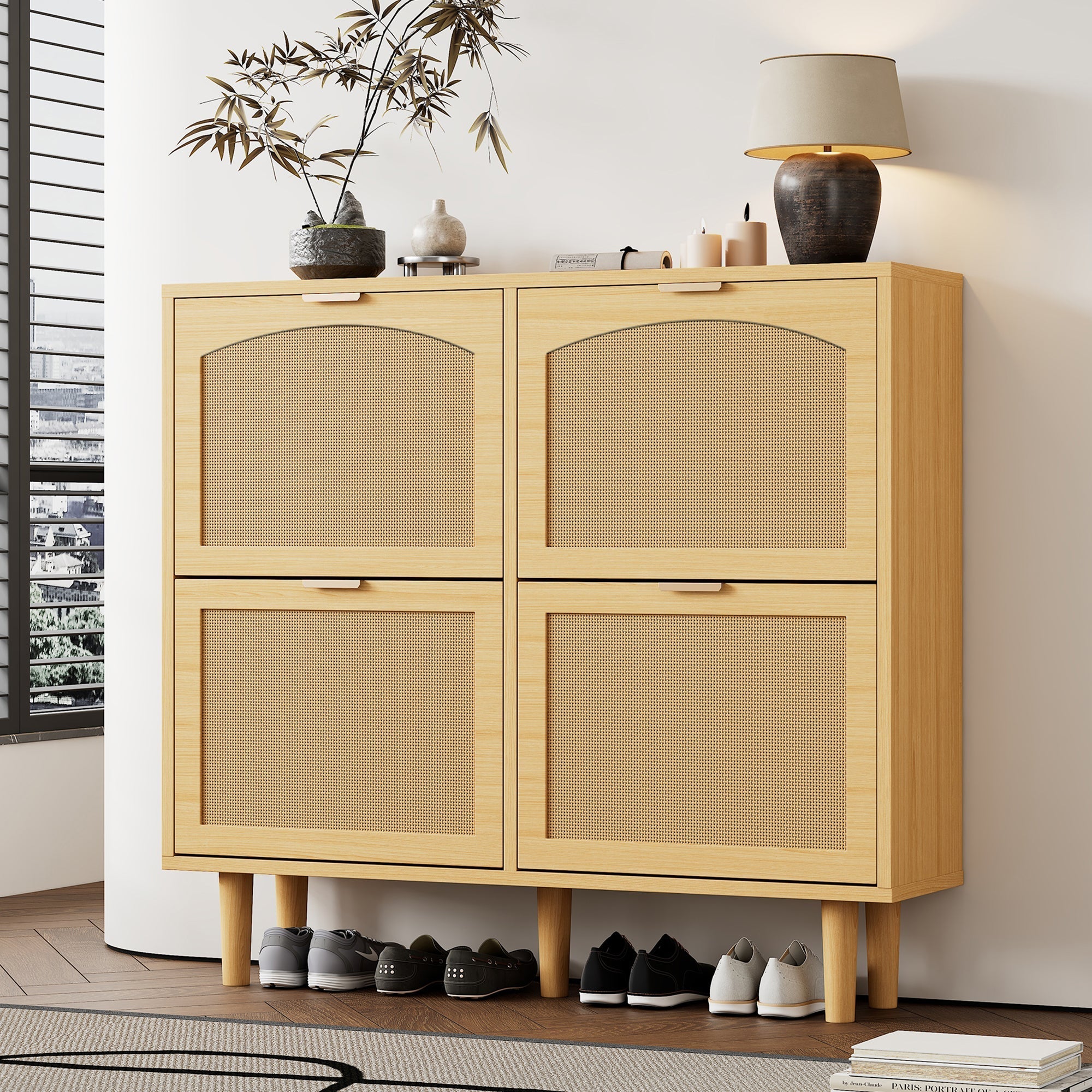 Shoe cabinet with 4 folding drawers, rattan and metal, wooden