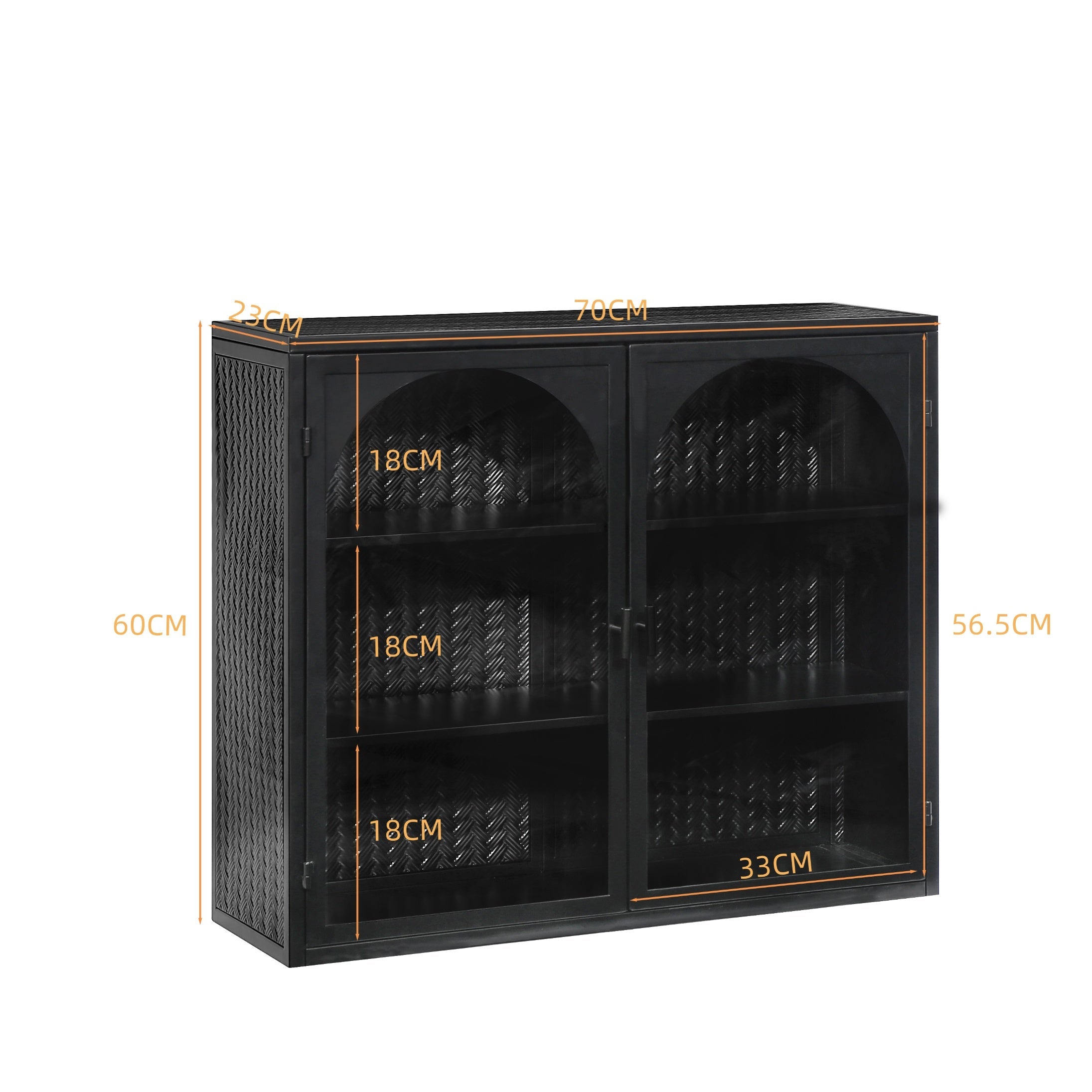 Wall Cabinet 70CM Glass Doors Two-door Three-tier Storage Woven Pattern Black