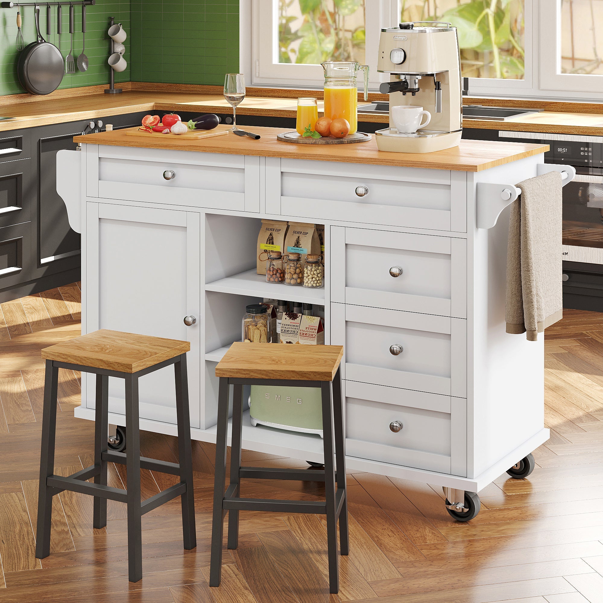 Dining Trolley, 134x46x92cm Drawer & Cabinet Storage, Mobile/Stationary Dual-Use, White