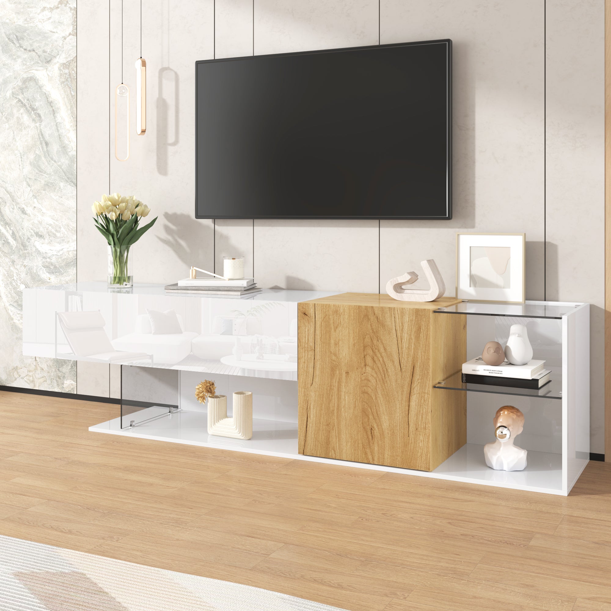 TV Cabinet, Modern High-Gloss with Glass Shelves, White Wood