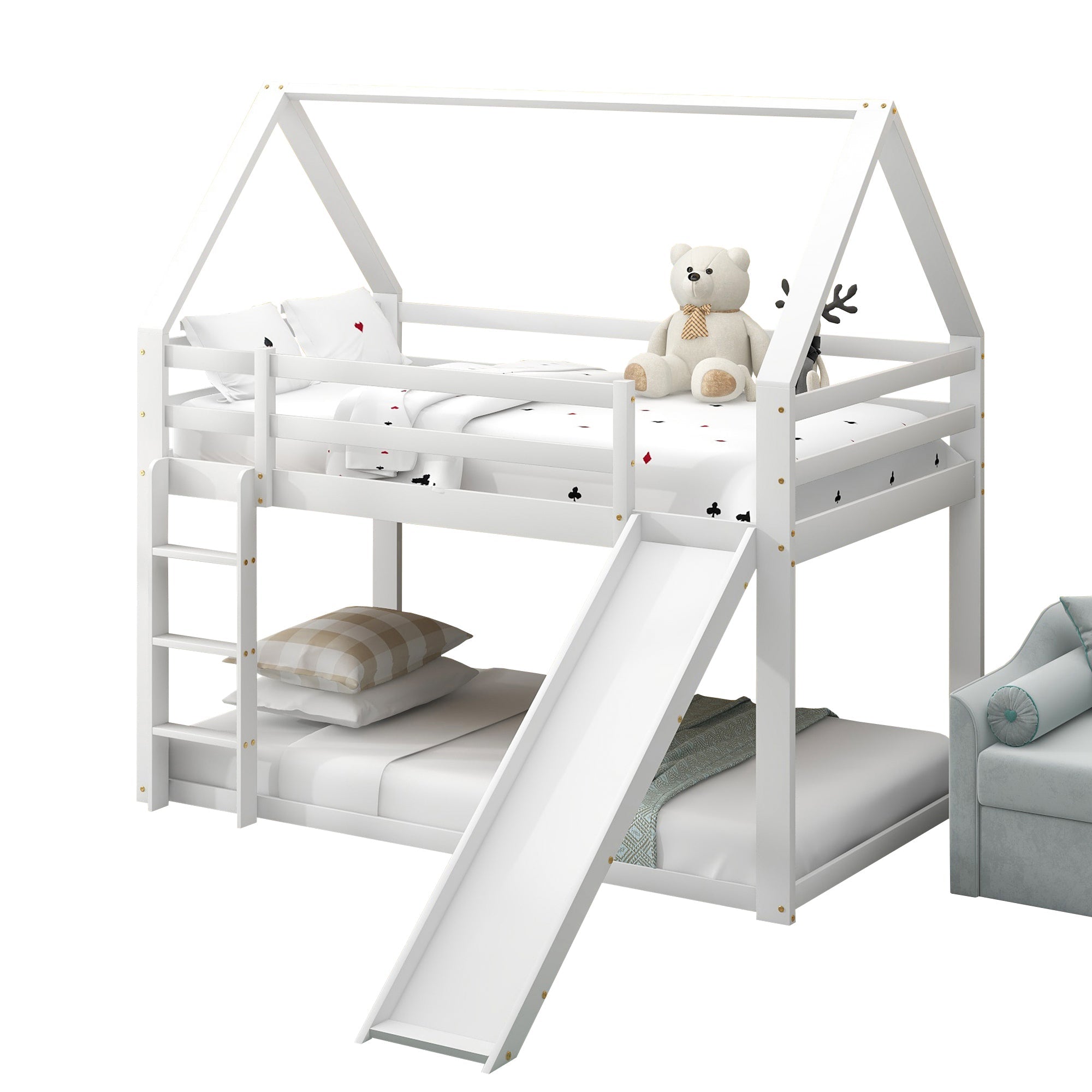 Children's House Bunk Bed 90x200cm with Slide and Ladder - White