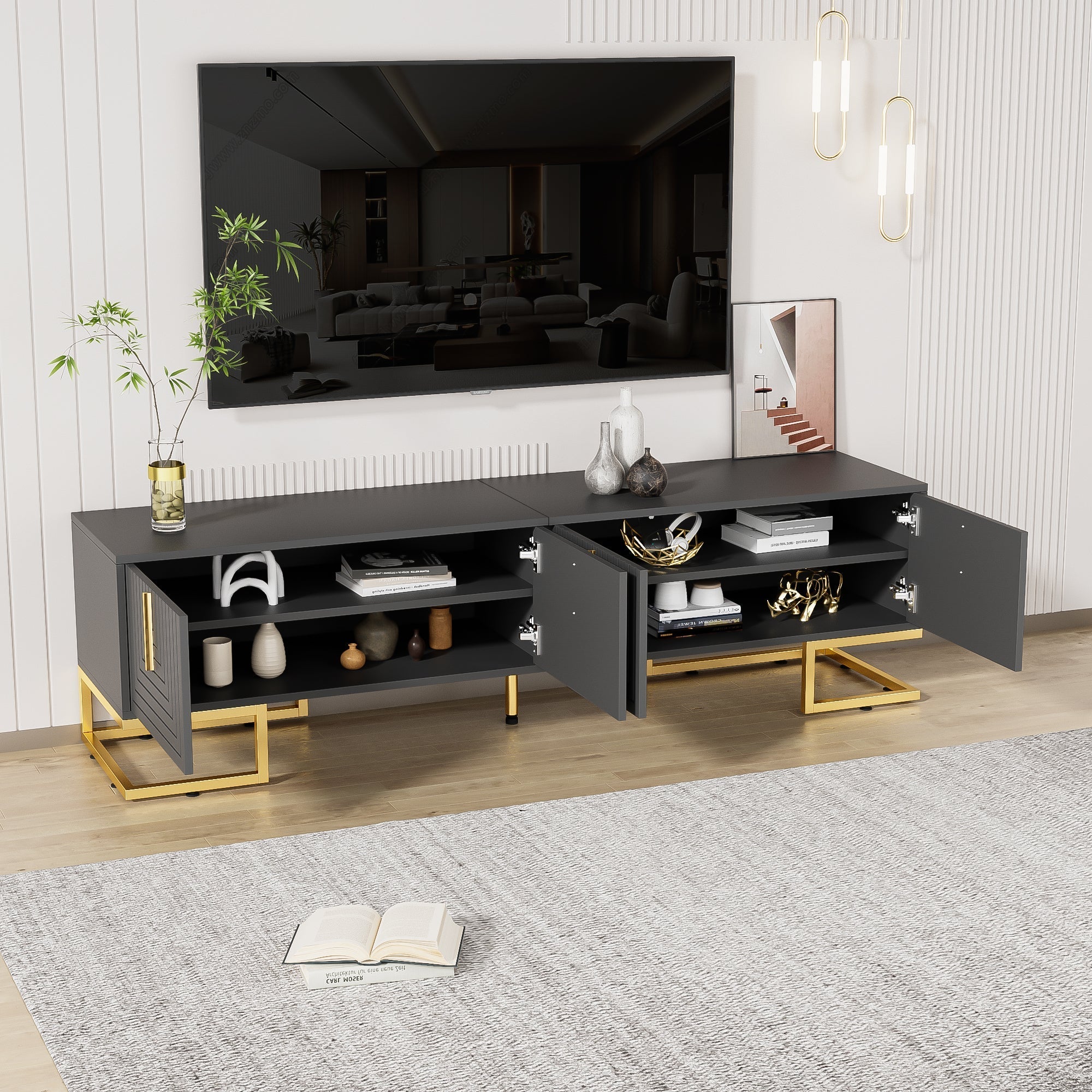 TV Lowboard Textured Door Gold Handles Gold Feet