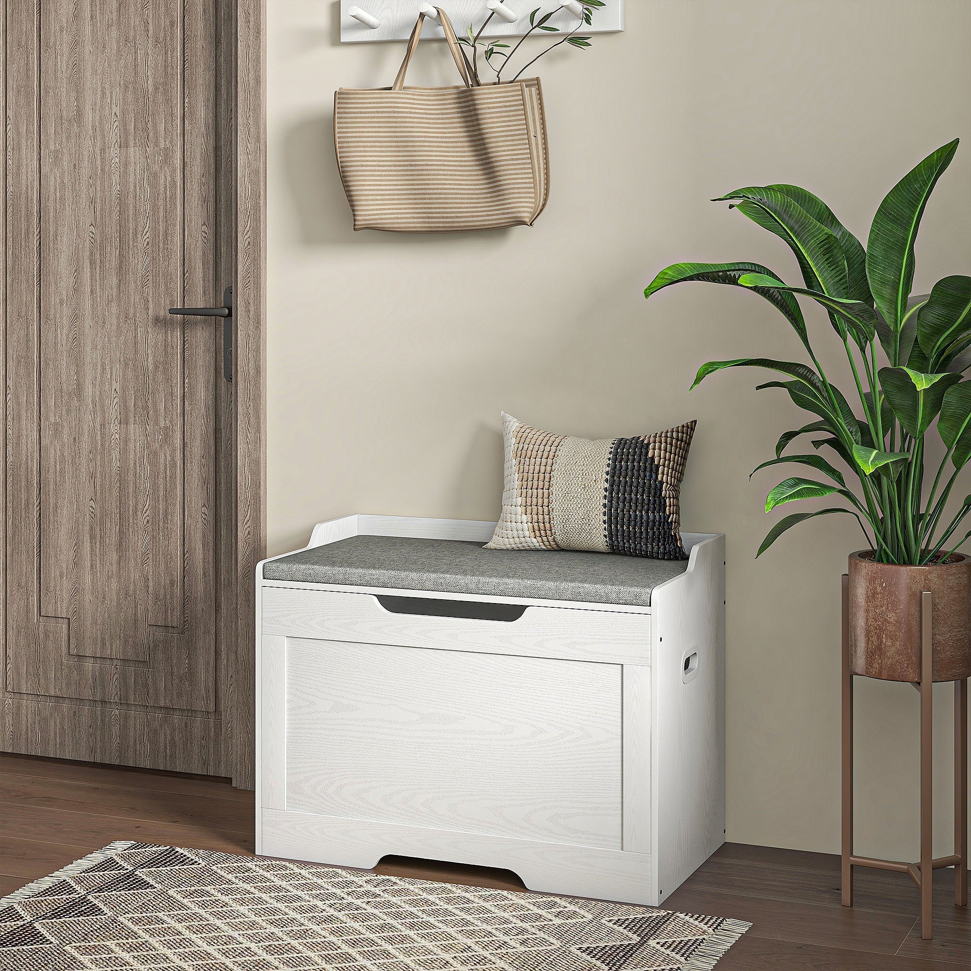 Storage Chest 103L Storage Bench Removable Seat Cushion, White