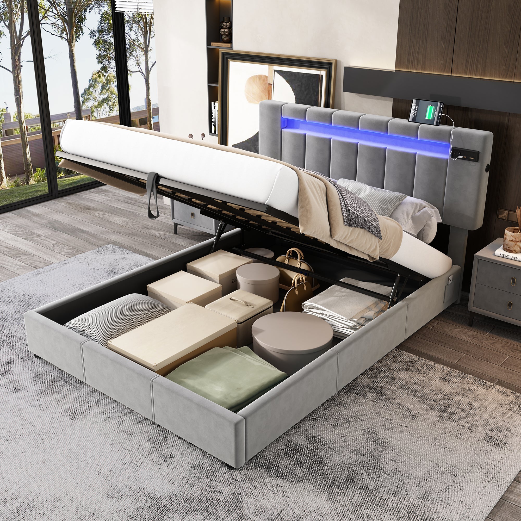 Upholstered Hydraulic Bed, 4ft6 Double 135x190cm, with Bluetooth Stereo, USB Port, LED Lights, Velvet+Iron, Grey