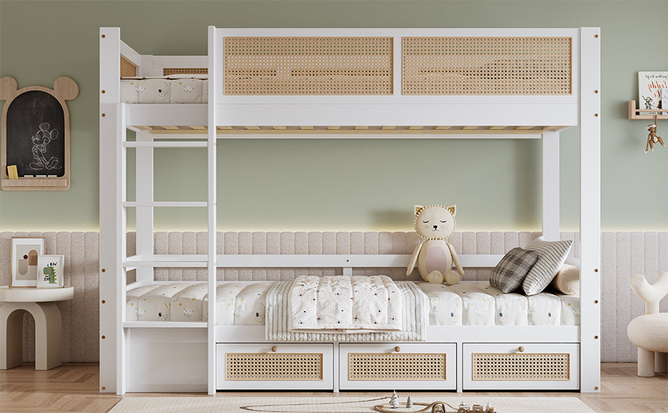 Bunk Bed, Rattan Fence with Drawers & Safe Rails, Pine + MDF + Plywood, White + Natural, 90x200cm
