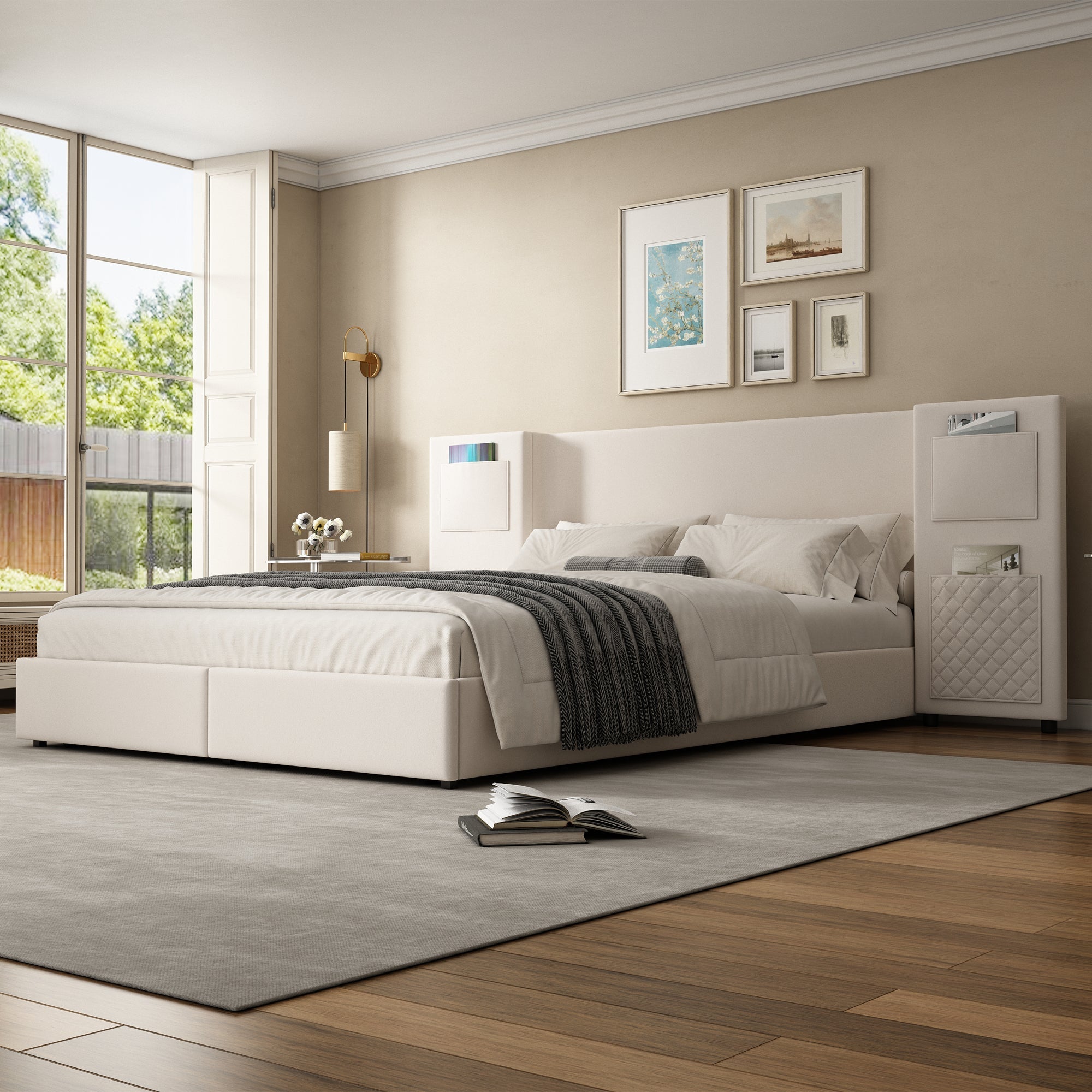 Upholstered Bed 4ft6 Double 135x190cm with Storage Pockets & Drawers, Beige Velvet