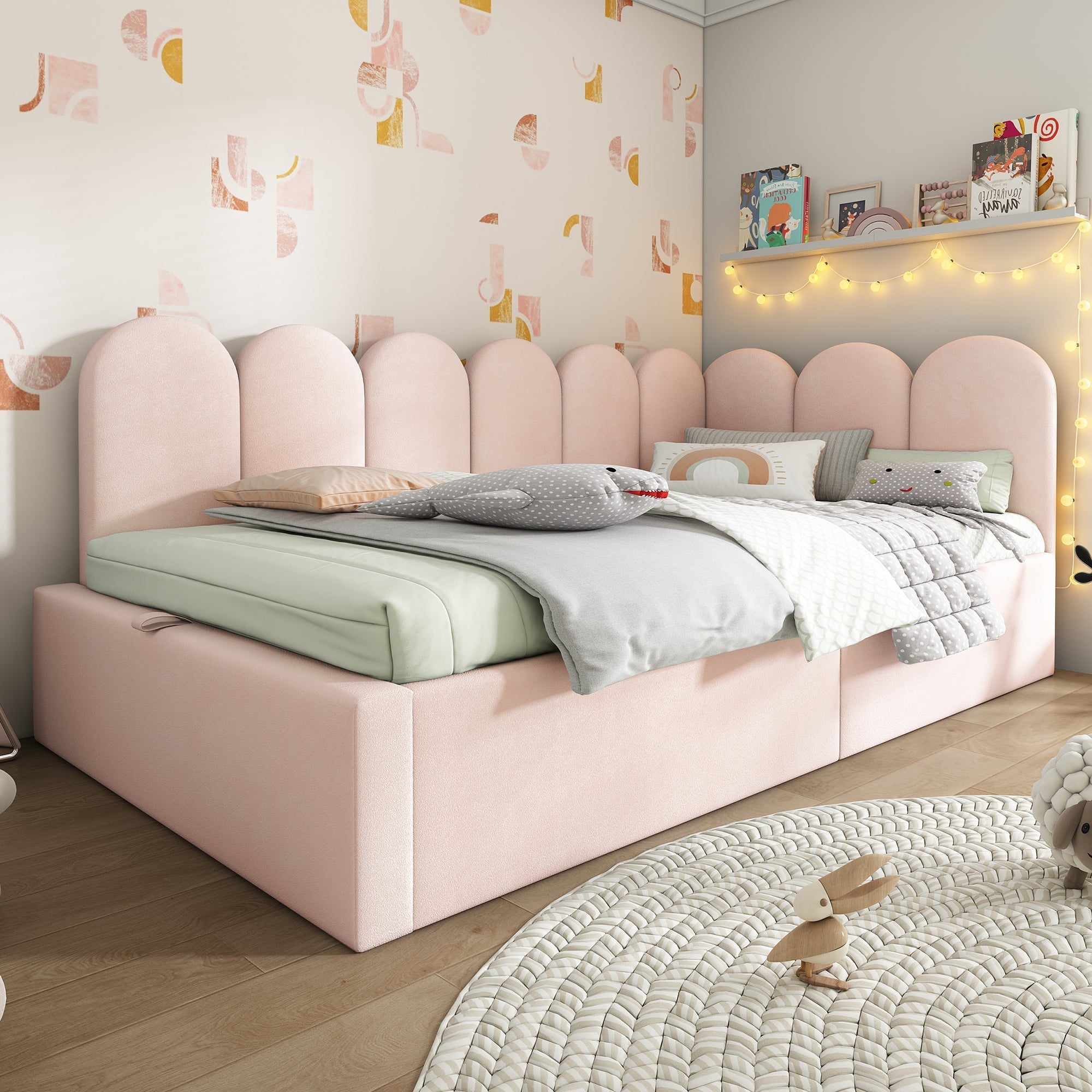 Upholstered Daybed, 90x200cm Sofa Bed with Hydraulic Storage, Velvet Pink