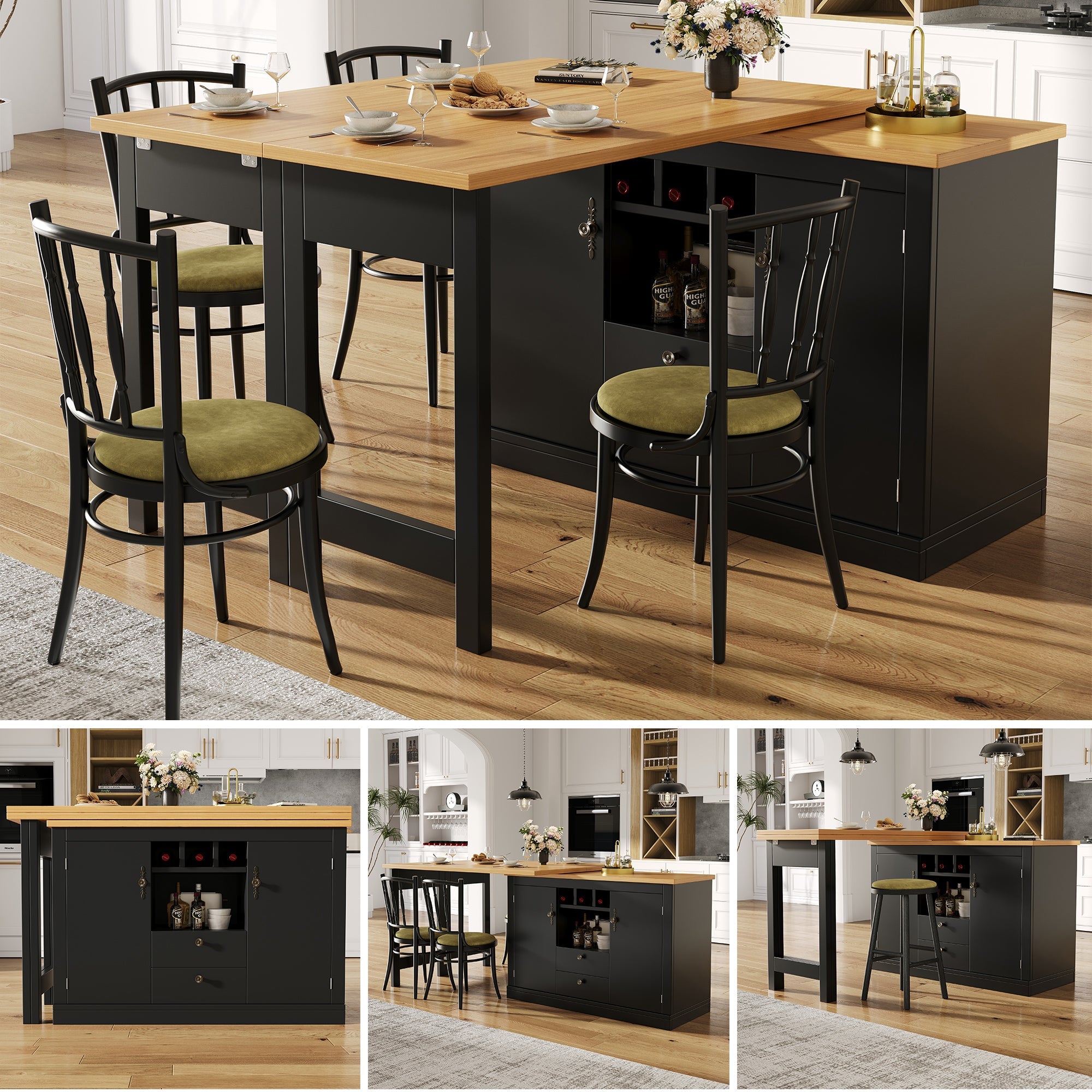 Extendable Bar Table with 360 Swivel Function and Storage Space, 120-180cm, Black