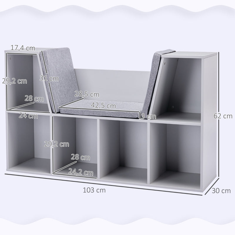 Children's Shelf Bookcase, Stool Bench 6 Compartments Toy Box, Grey