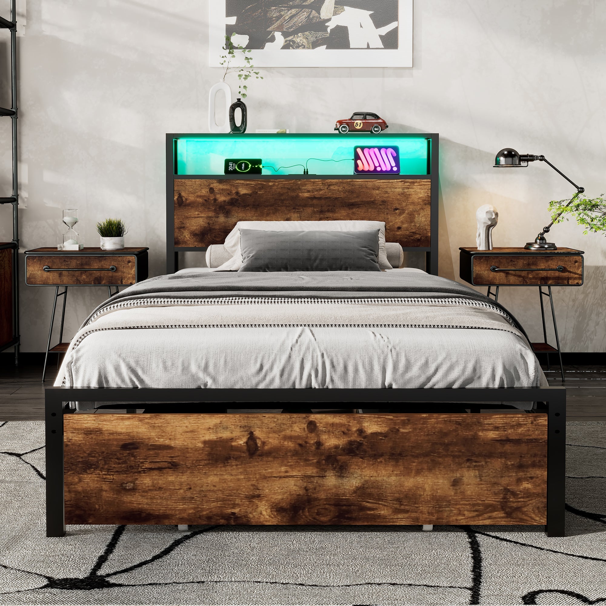 Metal Bed, 3FT Single with LED Light Strip & Drawer, Black & Walnut