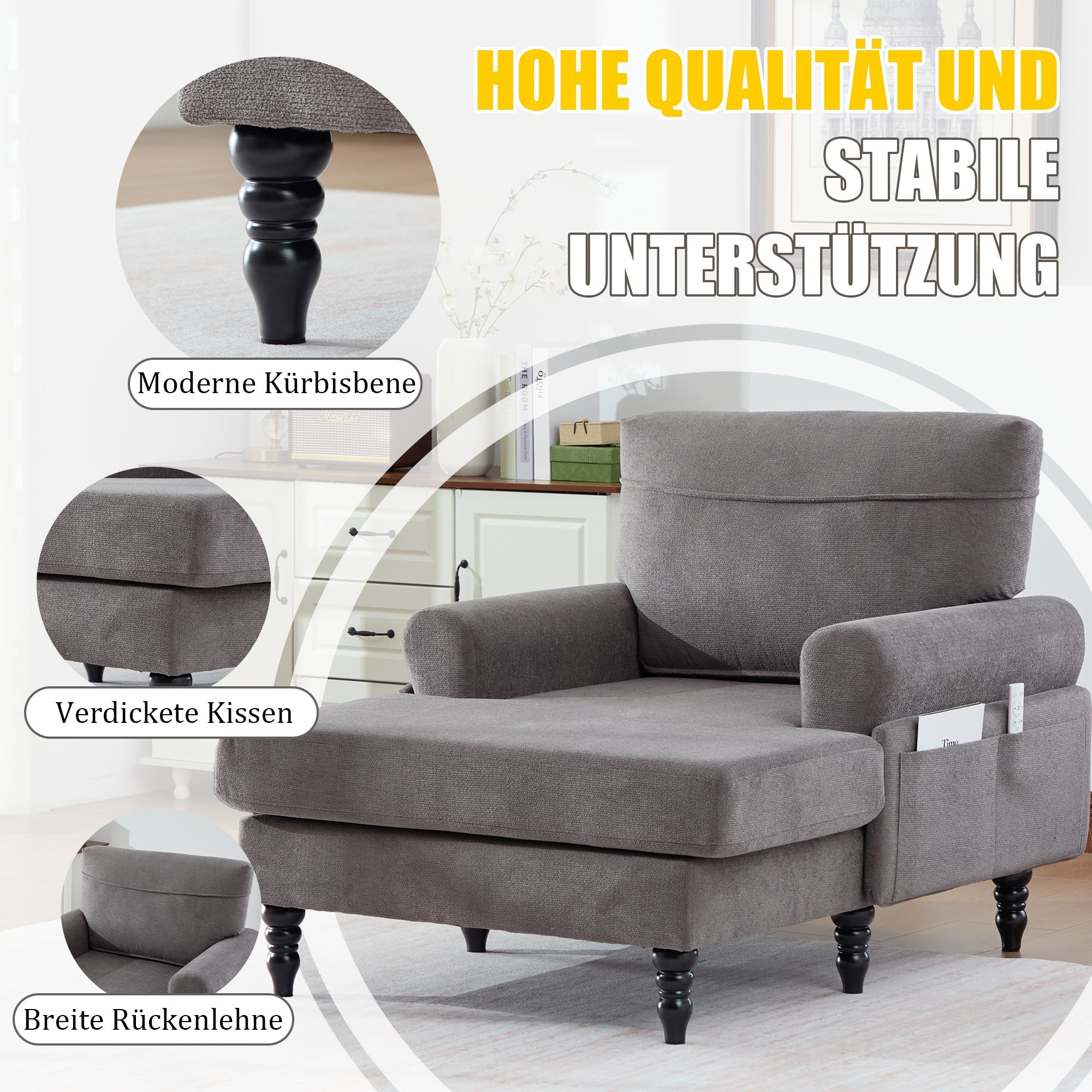 Modern Minimalist Lounger Single Sofa with Wooden Legs and Side Pockets, Chenille Fabric
