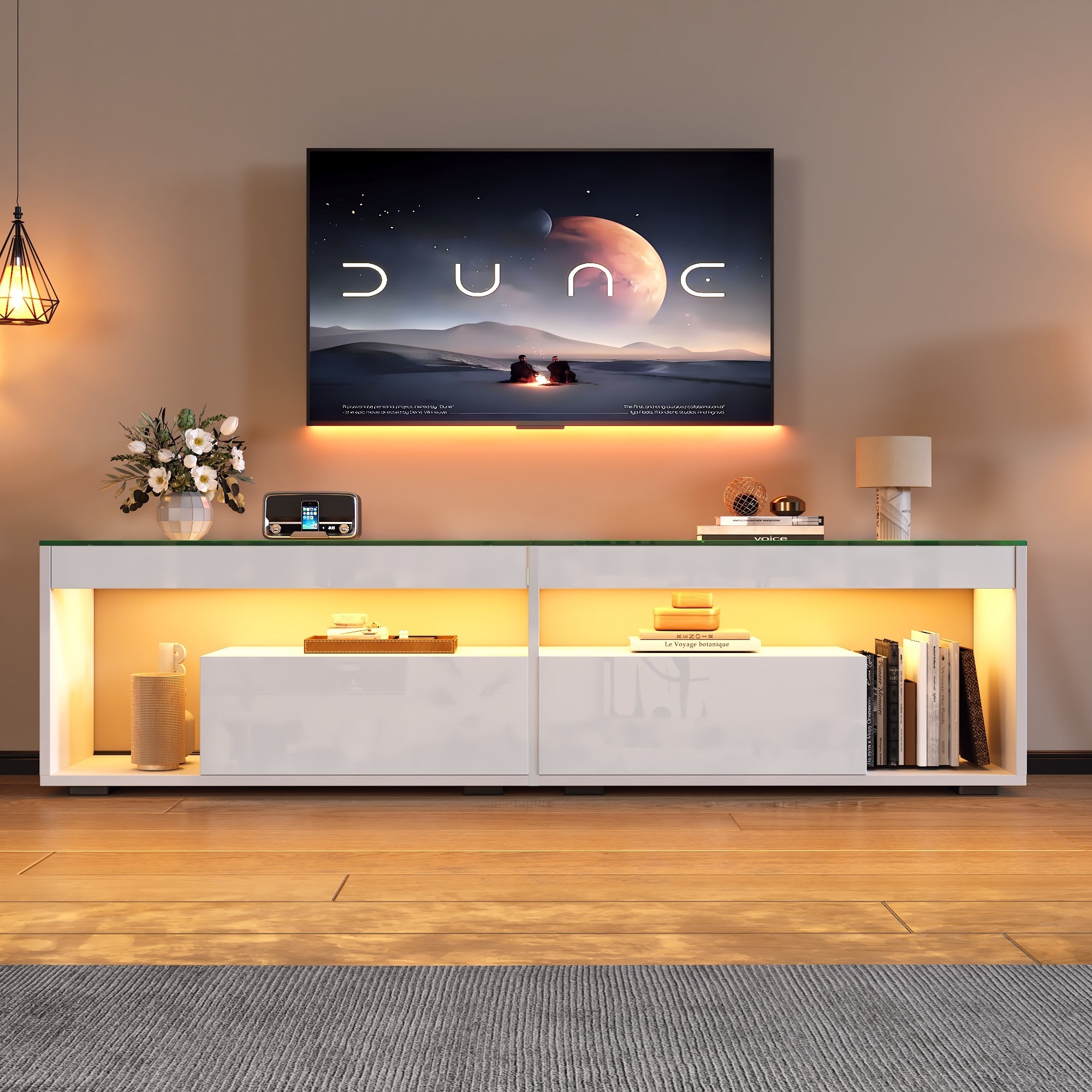 LED High-Gloss TV Cabinet for 70 Inch TVs, 2 Drawers, White