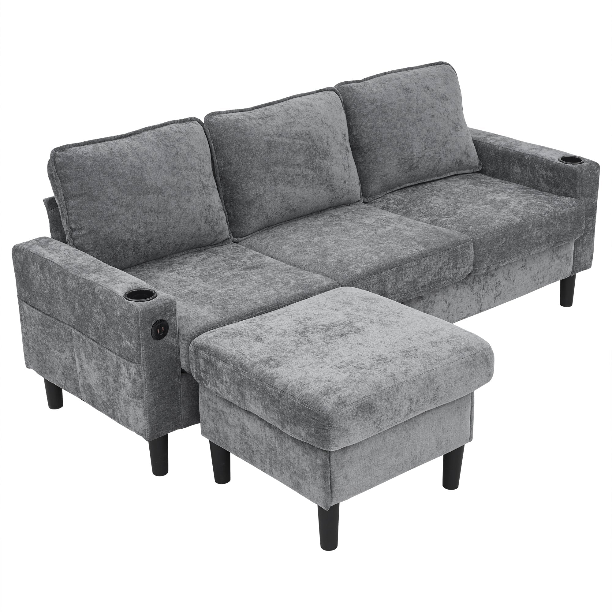 L-shaped Sleeper Sofa 3-Seater USB Type-C Cup Holders, Grey Linen