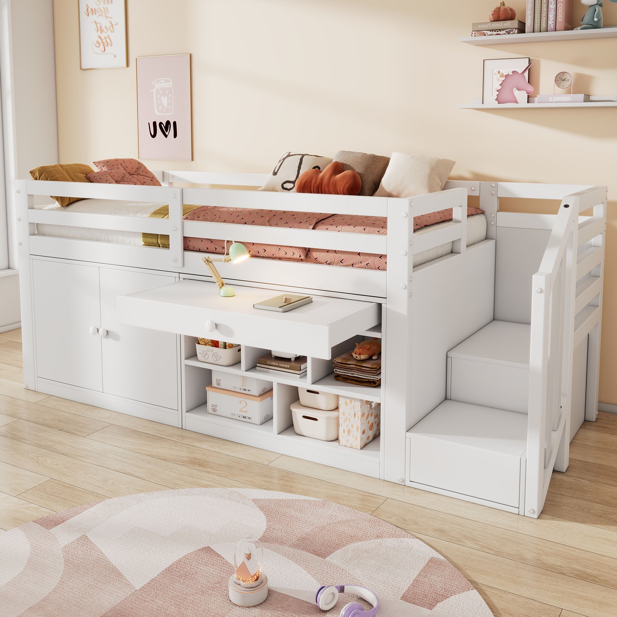 Multifunctional Children's Bed with Stairs, Storage and Reversible Desk, 90x200cm, White Wood