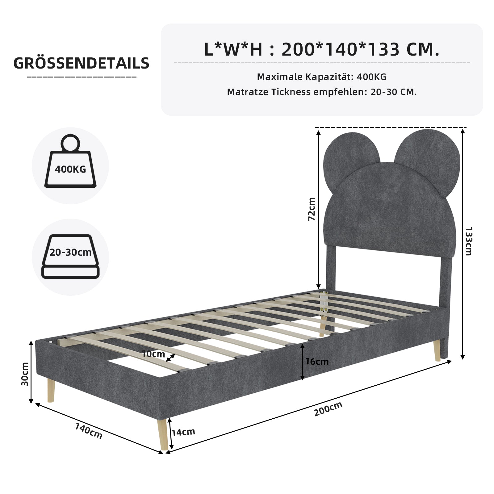Upholstered Bed, Modern Minimalist, Cartoon-Design Headboard, 140x200 cm, Grey