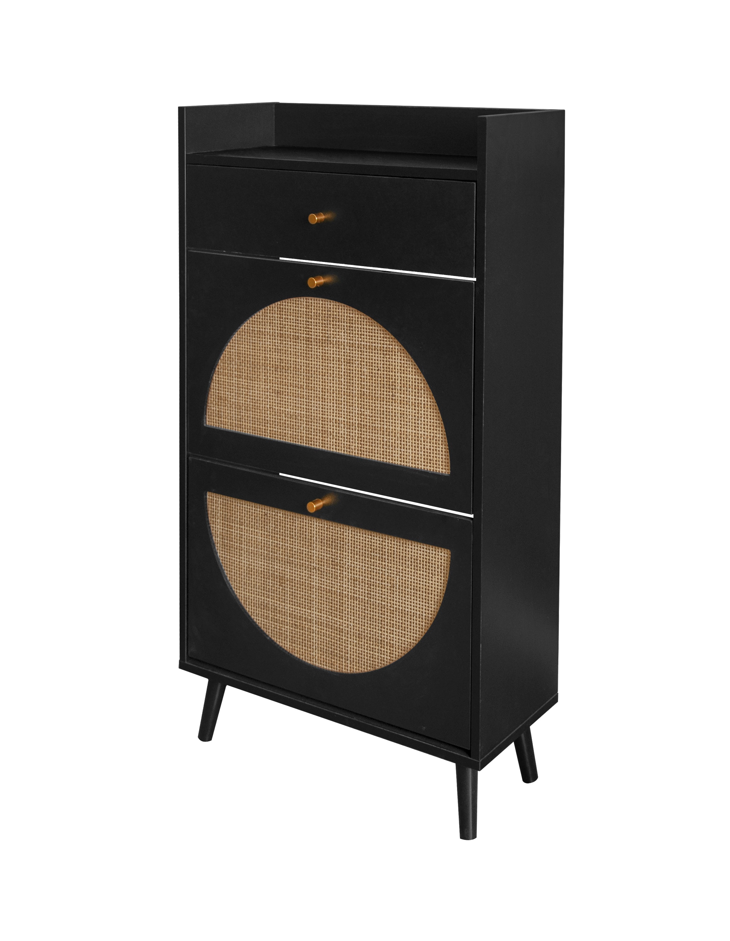 Shoe Cabinet with Two Doors, Drawer, Double Shelf, Black Rattan