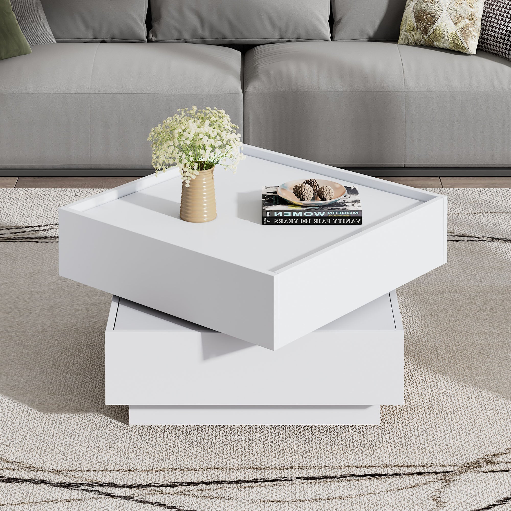 Coffee Table, Functional 360° Rotating with 2 Shelves & Storage, Pure White