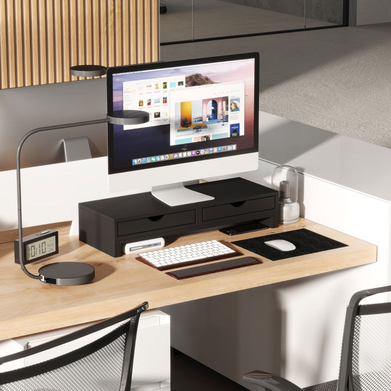 Dual Monitor Stand Riser with 2 Drawers Adjustable Length and Angle, Black