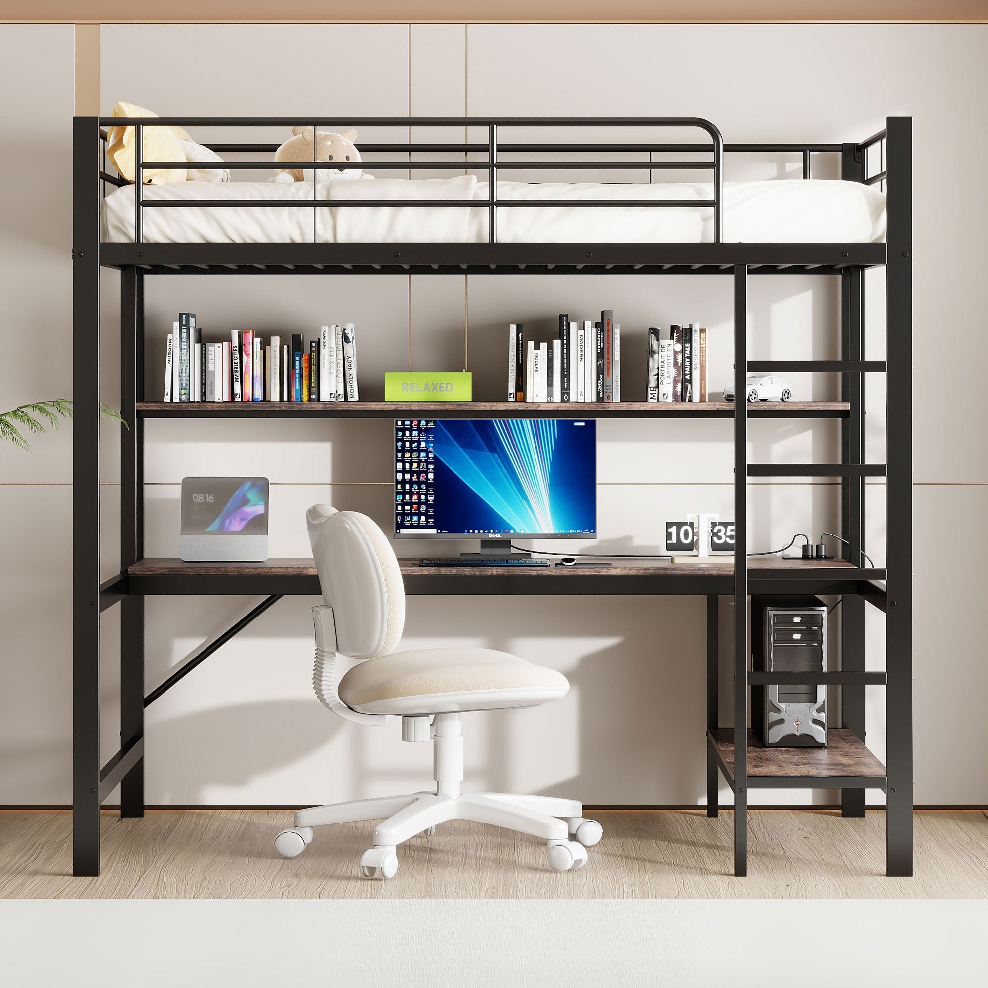 Loft Bed with Desk, LED Lights, USB and Power Outlet, Black Metal