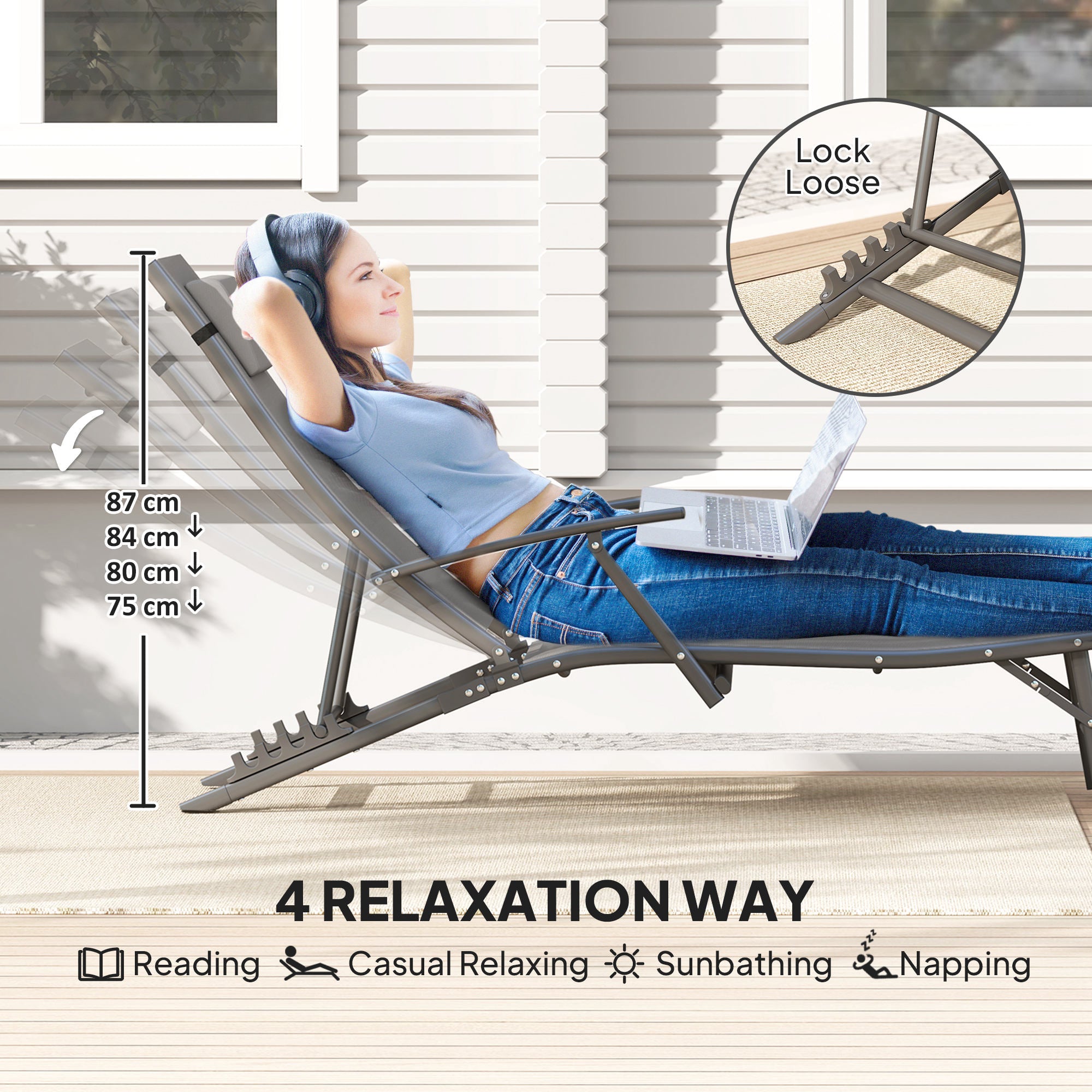 Set of Two Sun Loungers Adjustable Back Folding Texteline Grey