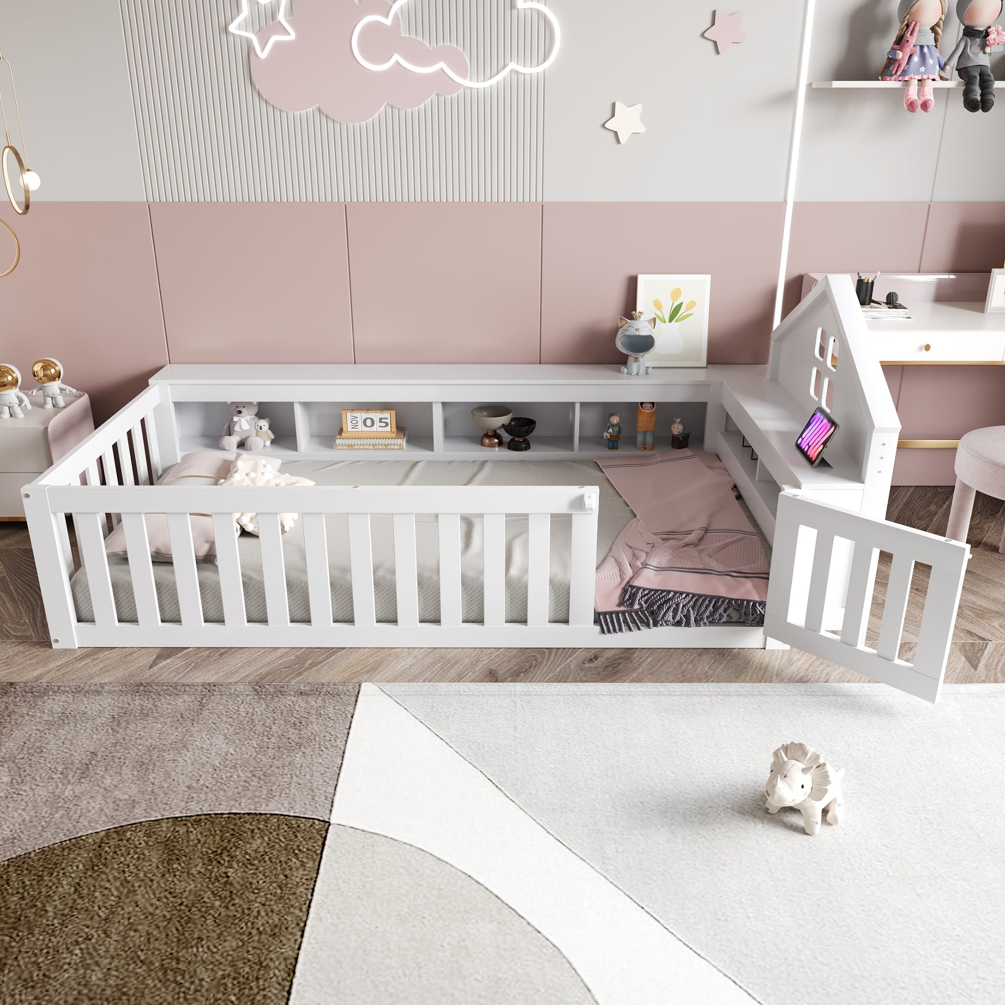 Children's Bed 90x200cm, Roof & Window, Storage, Safety Gate & Door, Solid Wood, White