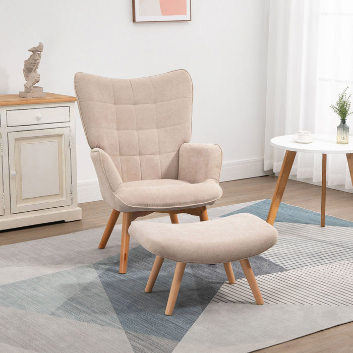 Wingback Chair with Footstool, Upholstered Corduroy, Beige