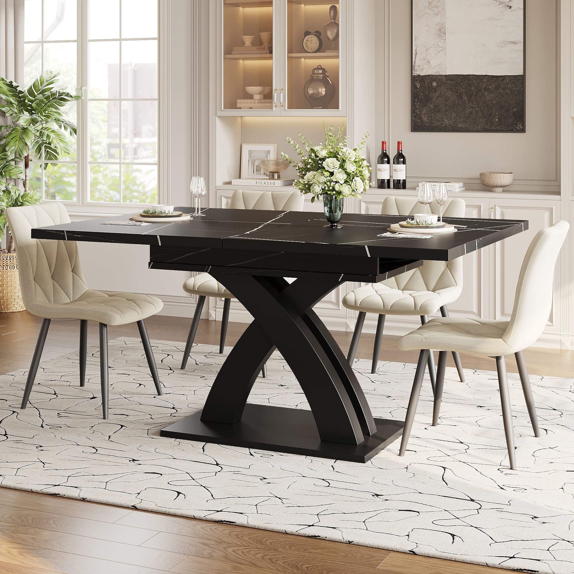 Extendable Dining Table, 120(160) cm Wooden Black Lacquered