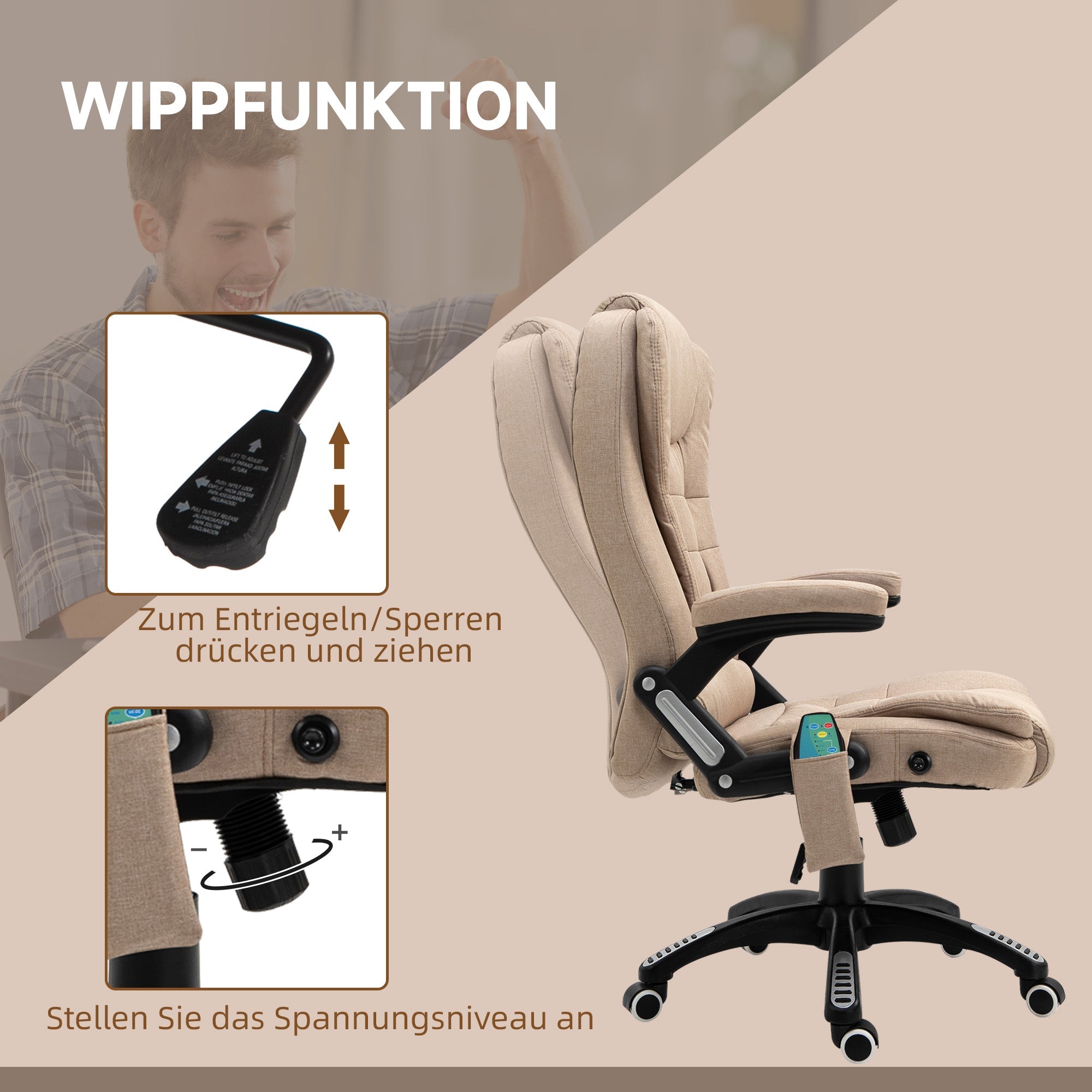 Office Chair with Massage, Heating, Reclining, and Adjustable Height - Linen Look Brown