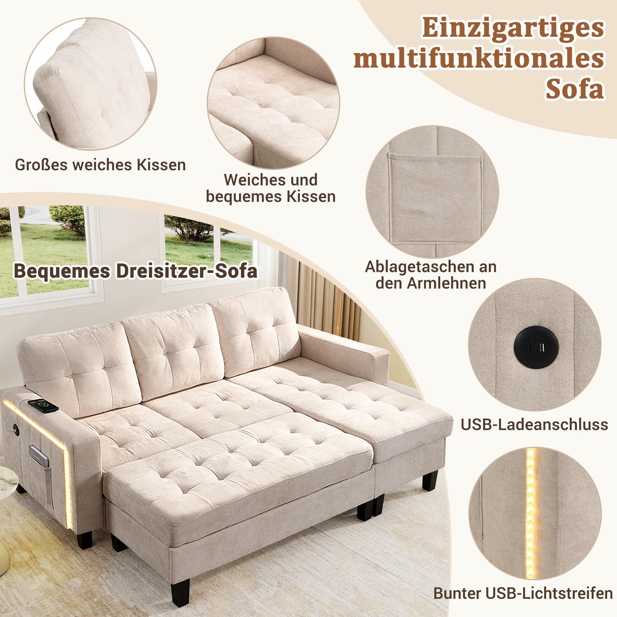 Sofa Set, L-Shaped Modular with Movable Footstool & LED Lighting