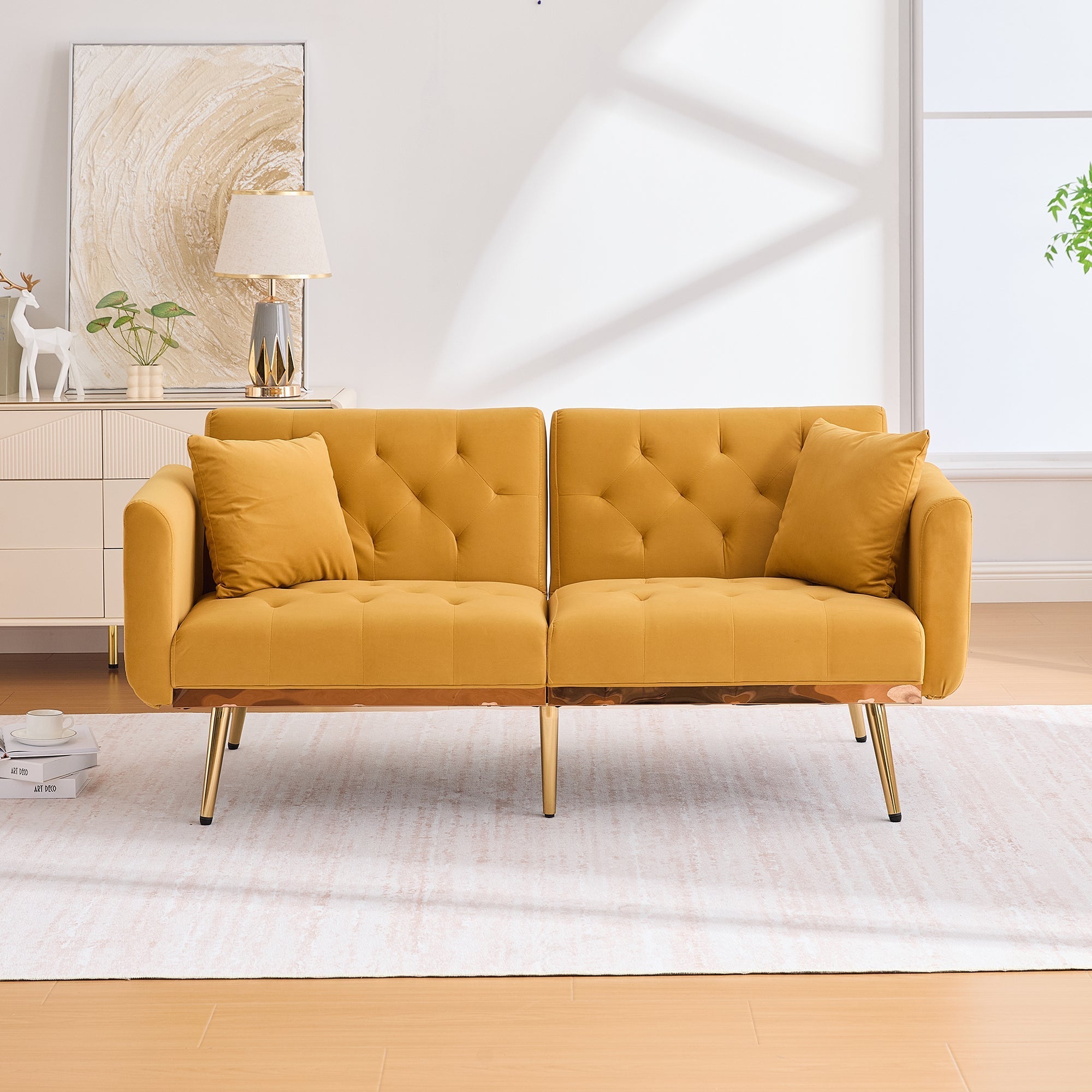 Double Sofa, Modern Velvet with Adjustable Backrest, Mustard Yellow