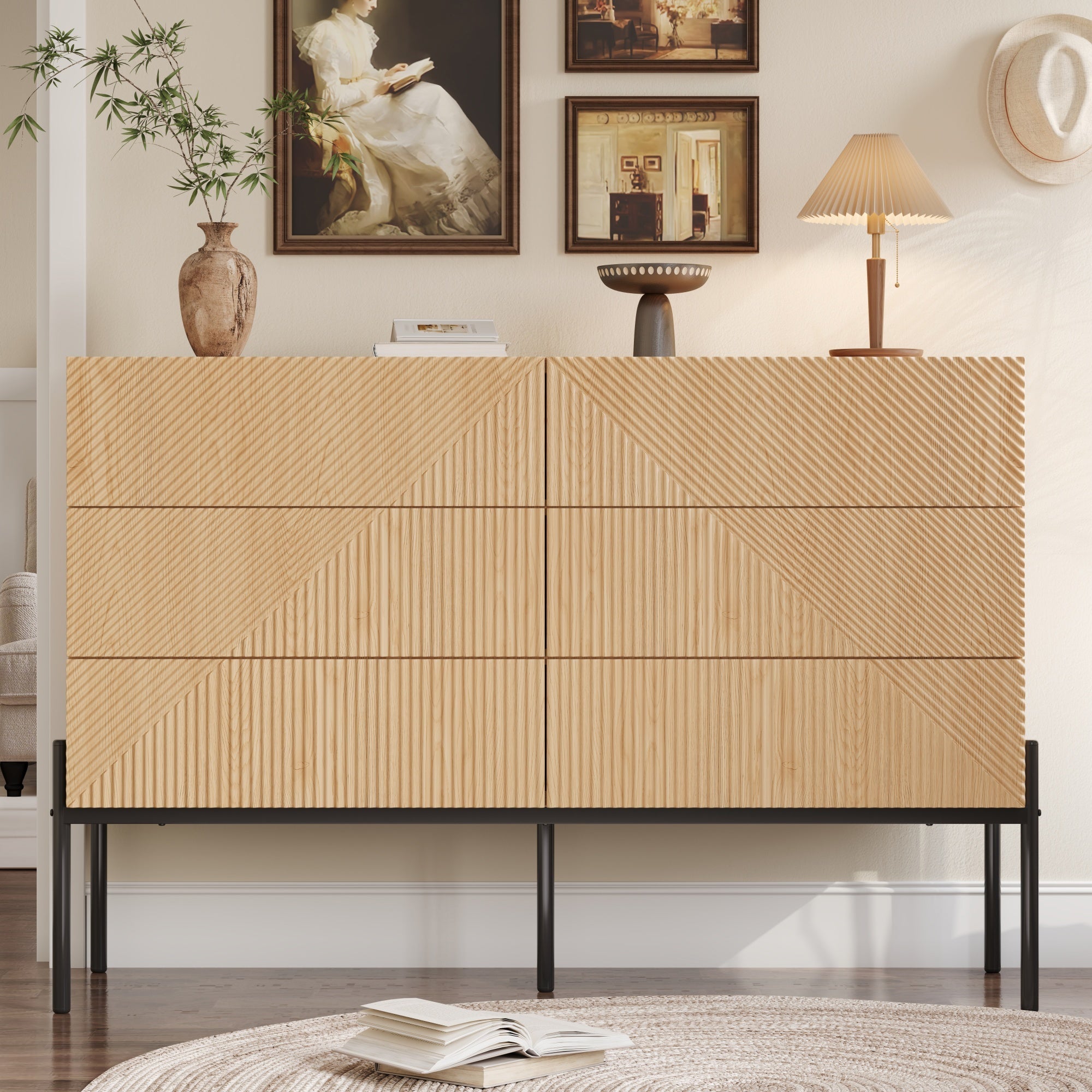Sideboard with Six Drawers and 3D Geometric Texture, Multifunctional Storage for Living and Dining Room, Wood and Metal