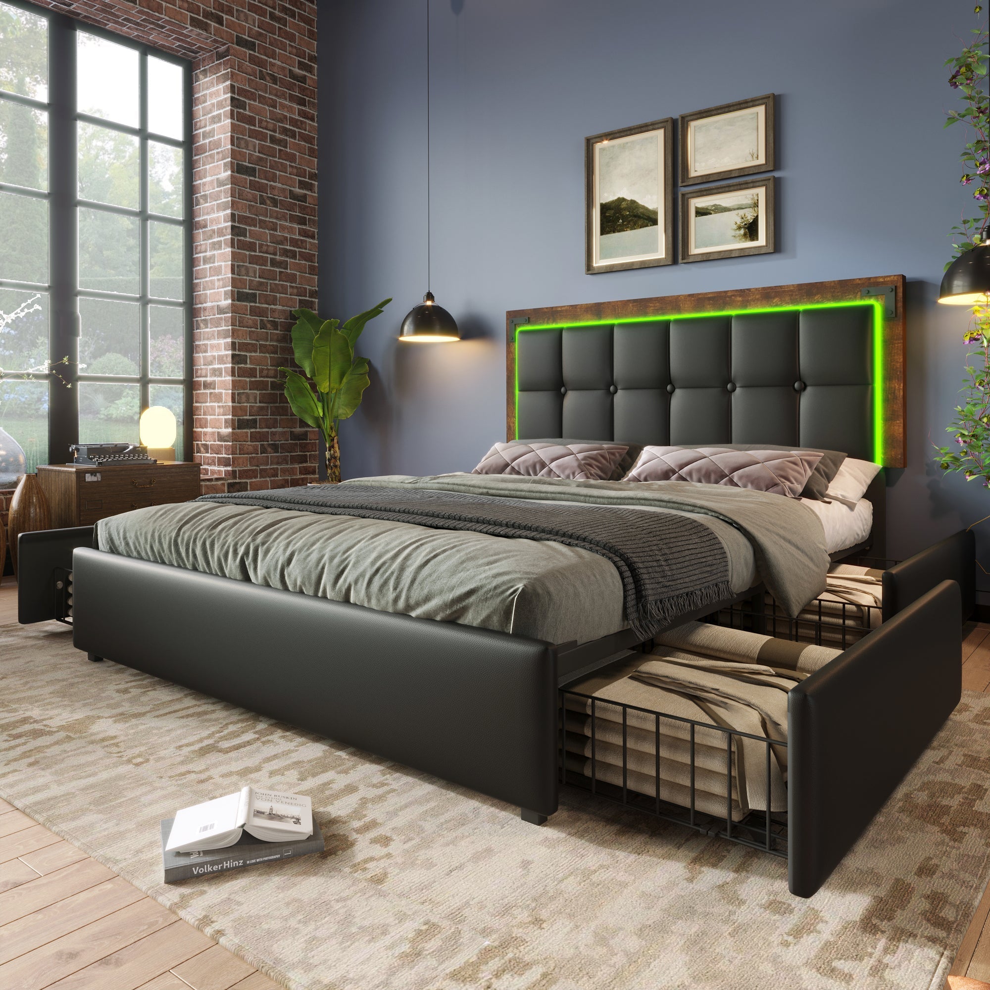 Bed Frame, LED, 4-Drawer, Adjustable Headboard, 160x200cm PU Black