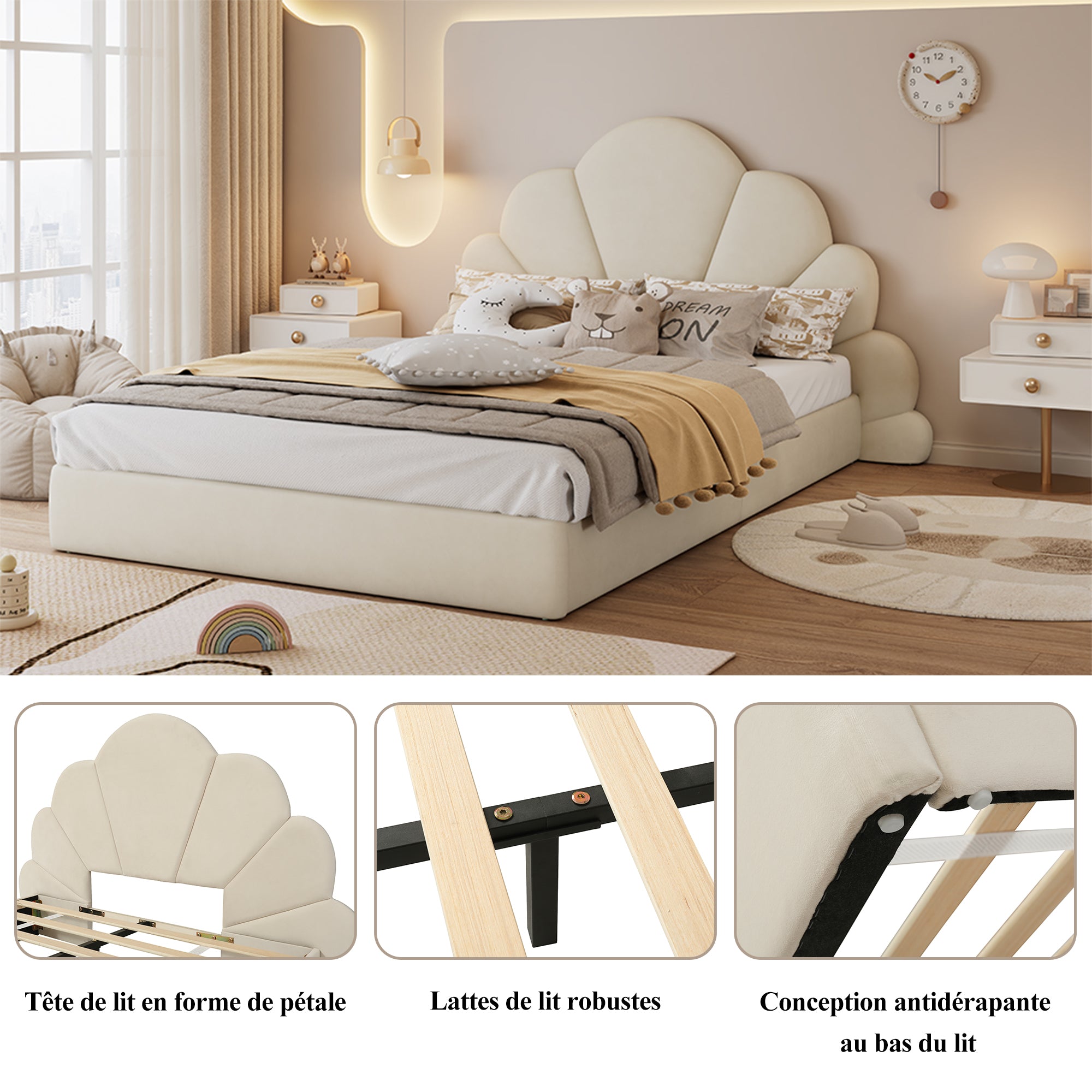 Upholstered Bed, Curved Petals, Modern Frame, Velvet Beige