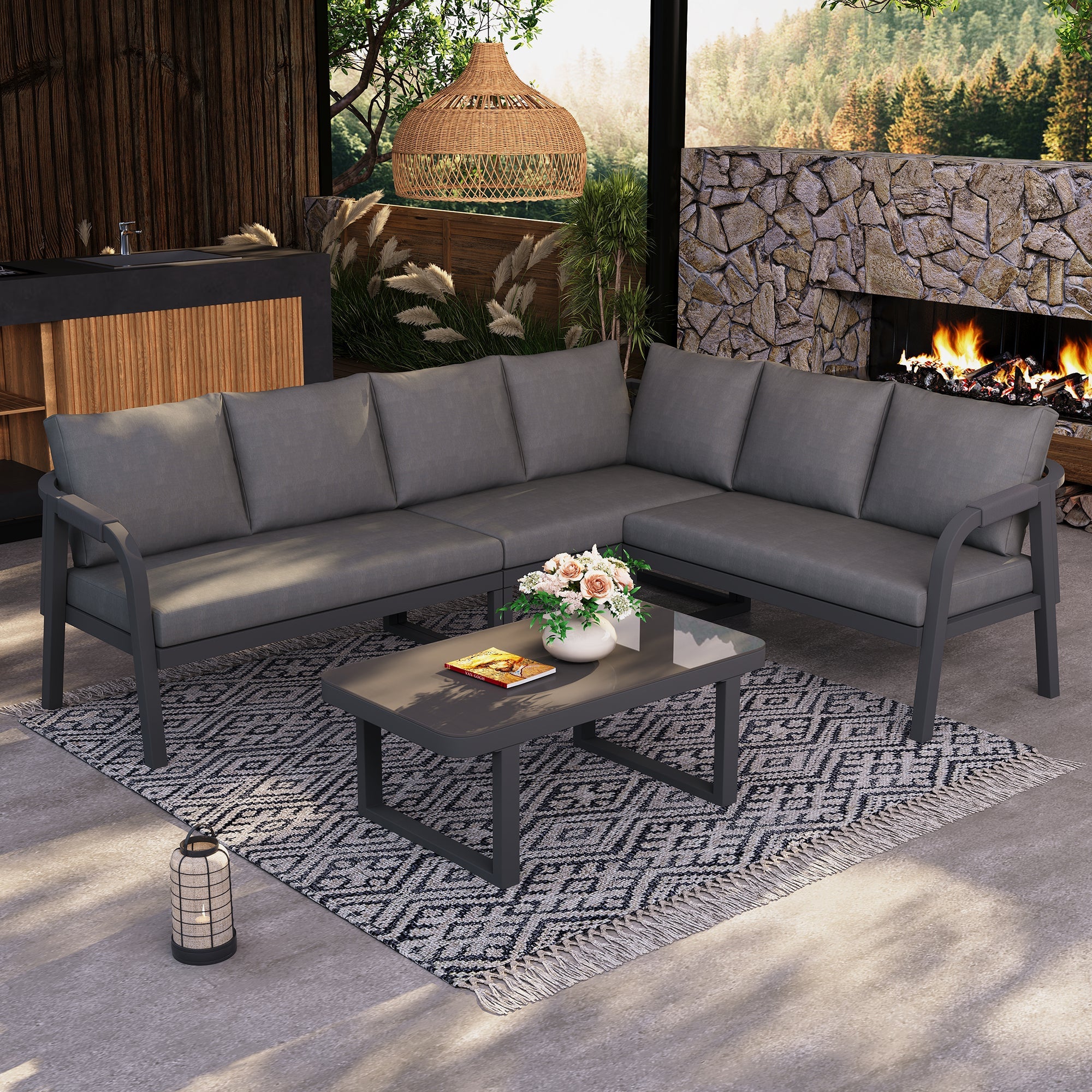 Garden Furniture Set with Corner Sofa and Coffee Table, Seats 6, Grey Galvanized Steel
