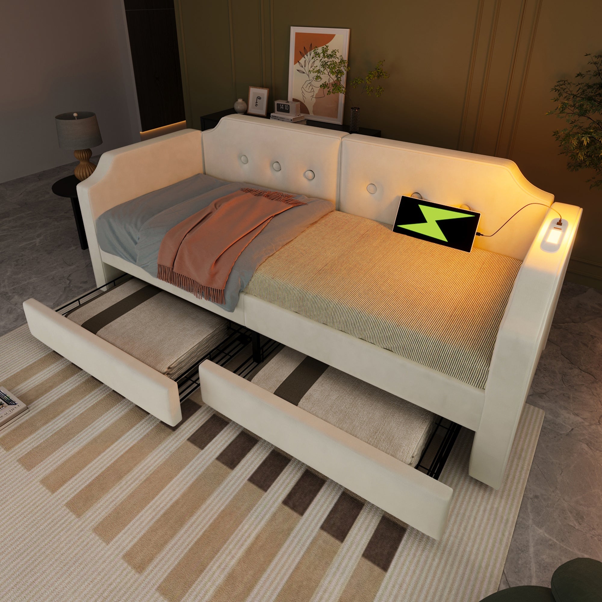 Upholstered Sofa Bed, 90x200 cm, USB Type-C Light, 2 Drawers, Velvet Beige