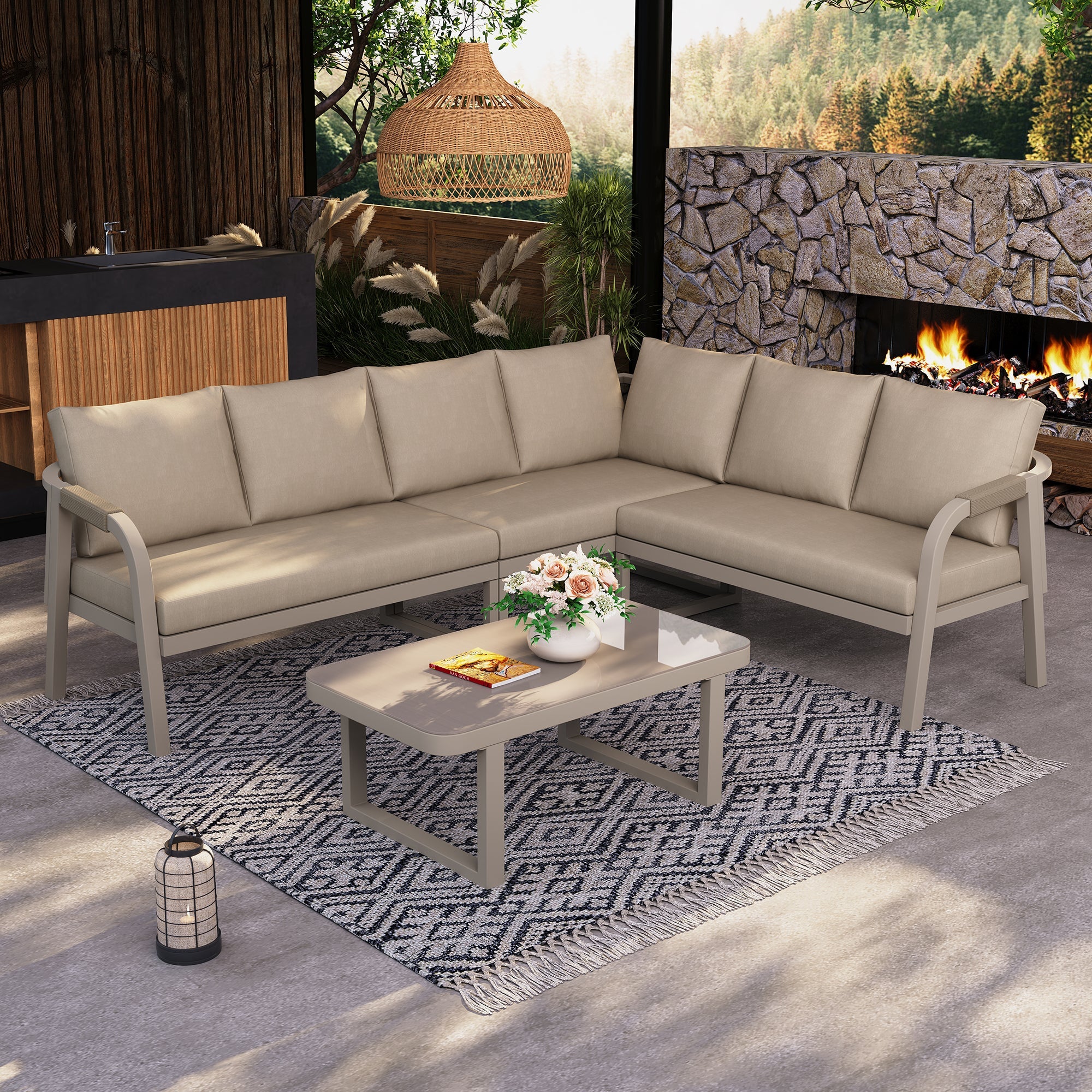 Garden Furniture Set with Corner Sofa and Coffee Table, Seats 6, Woven Beige Steel Tubes