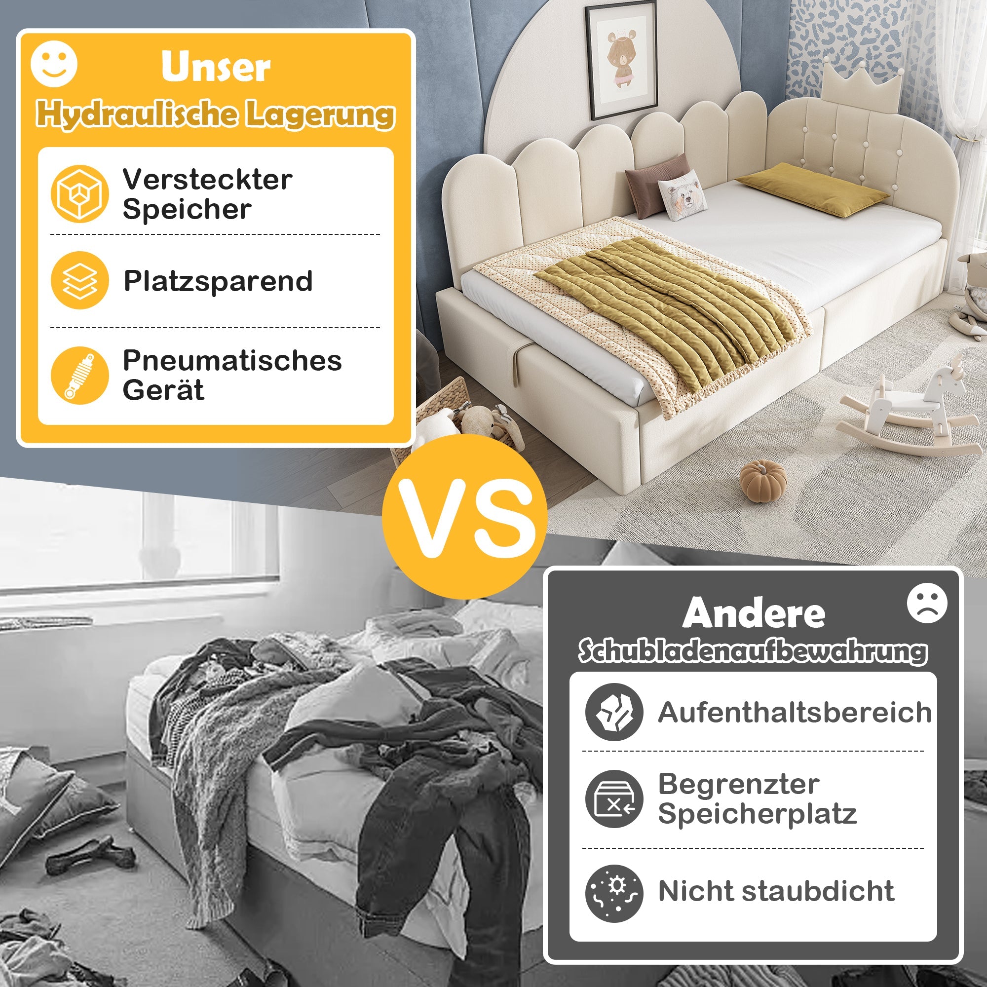 Upholstered Daybed with Hydraulic Storage and Crown-Lattice Design, 90x200cm, Beige Velvet