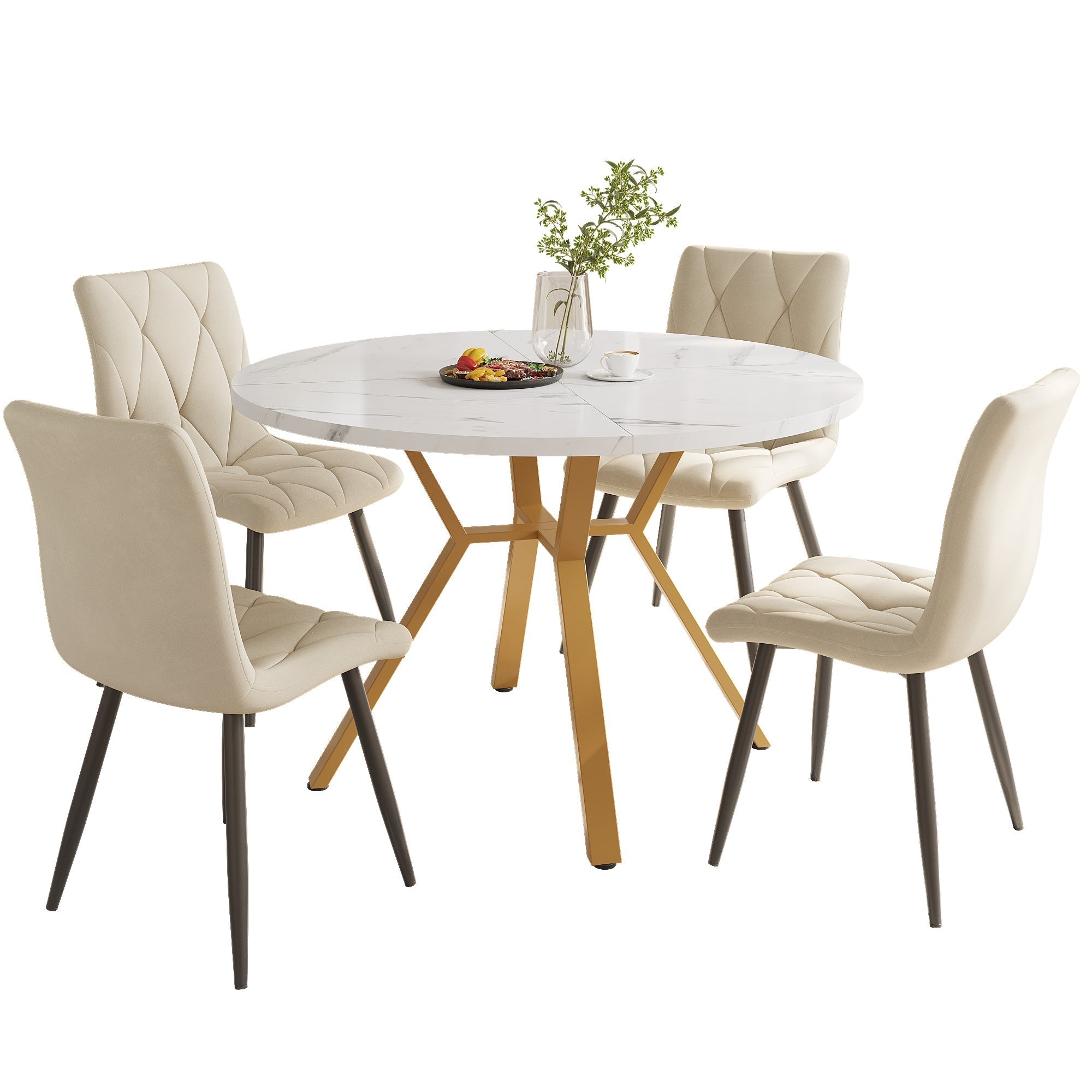 5-Piece Dining Set Round Marble Top Gold Legs 4 Velvet Chairs - Beige