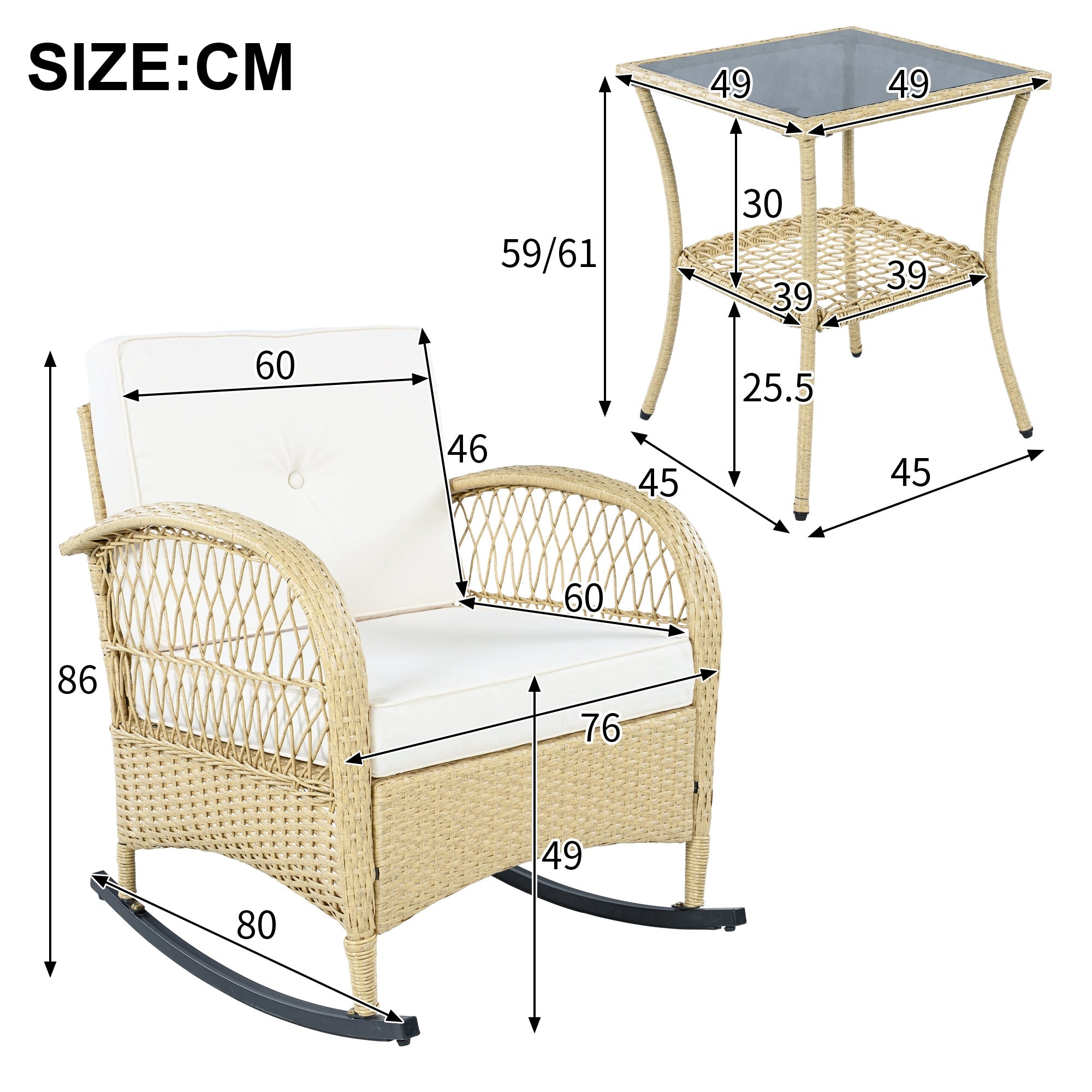 Rattan Balcony Furniture Set, 3-Piece Rocking Chairs with Cushions and 160kg Capacity, Beige Rattan