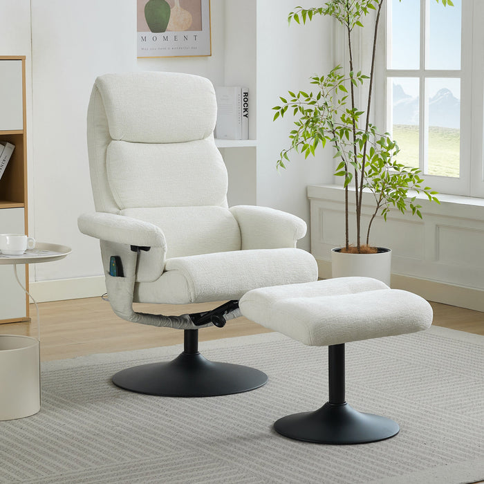 023 Recliner Chair, 5-Point Massage, Electric Heat, Footstool, 360° Swivel, Chenille Fabric White