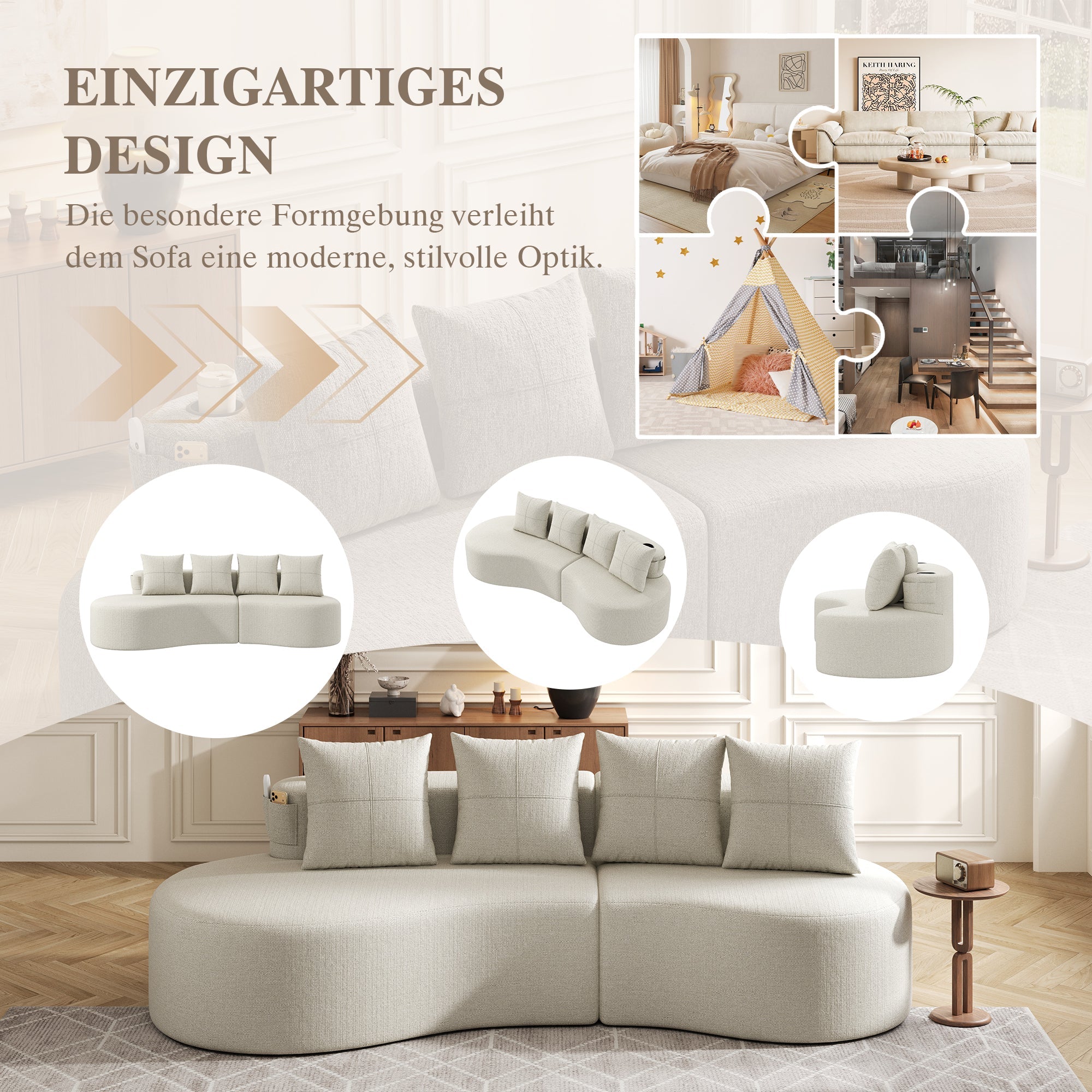 Linen Sofa with 4 Cushions, Cup Holder and Side Pocket, Beige