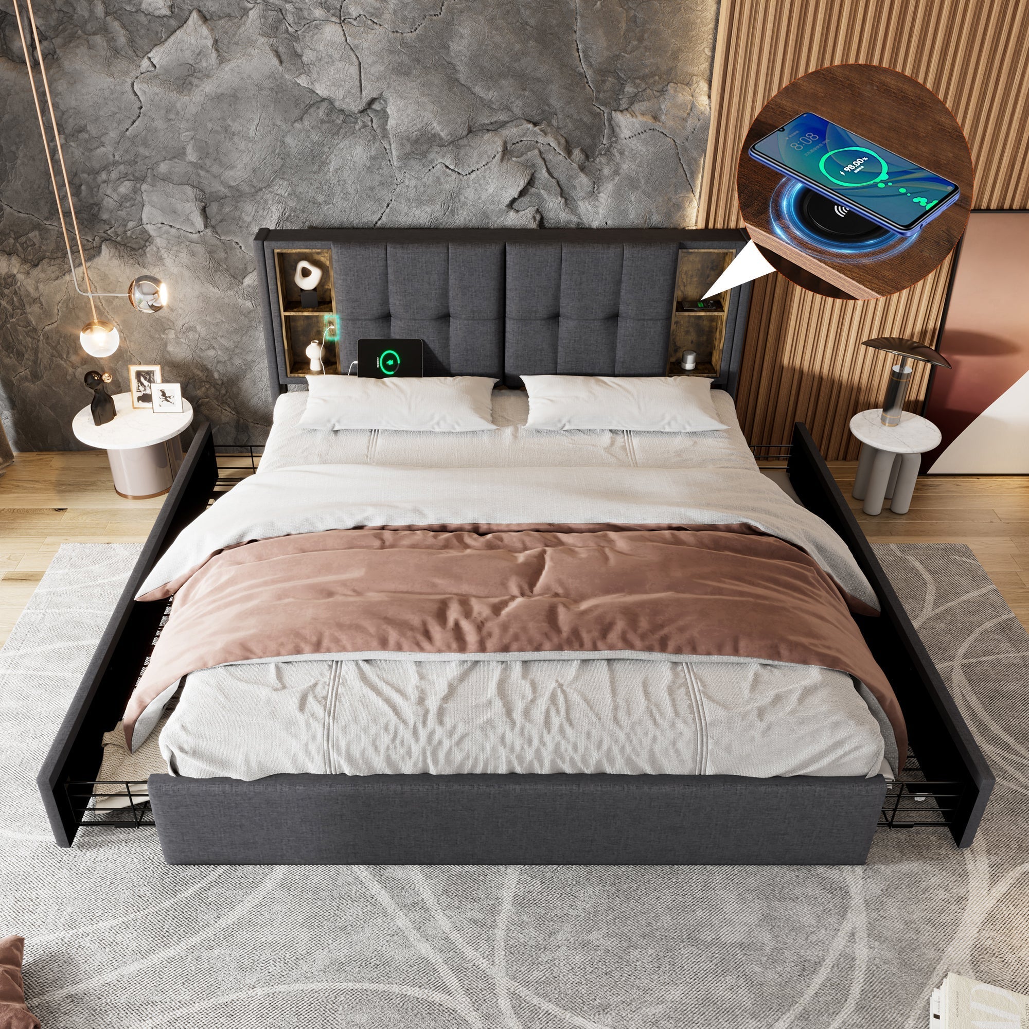 Double Bed, Wireless Charging & 4 Drawers, 160x200cm Grey Linen