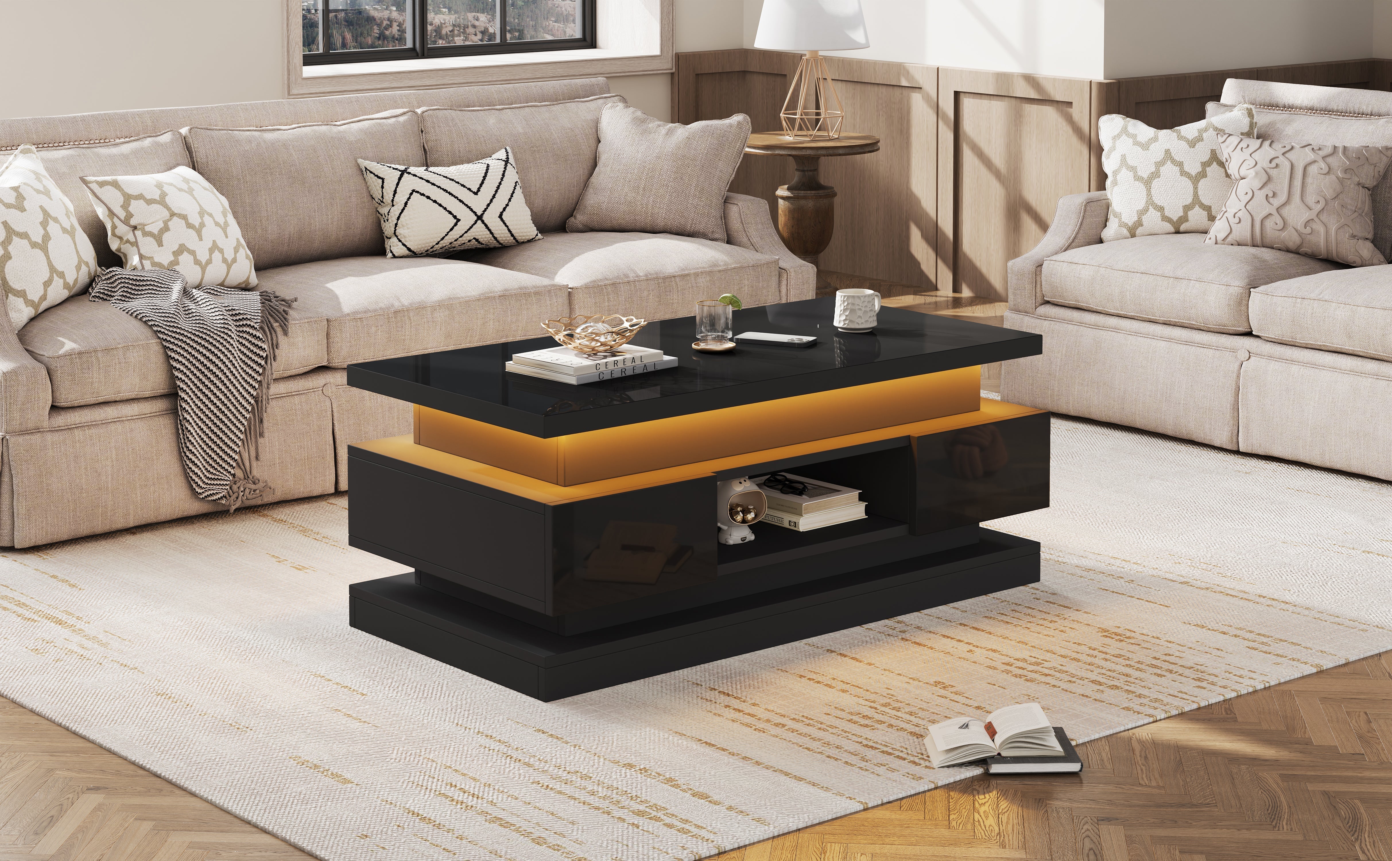 Lift-Top Coffee Table High-Gloss with LED Lighting 2 Drawers Hidden Storage Black Chipboard