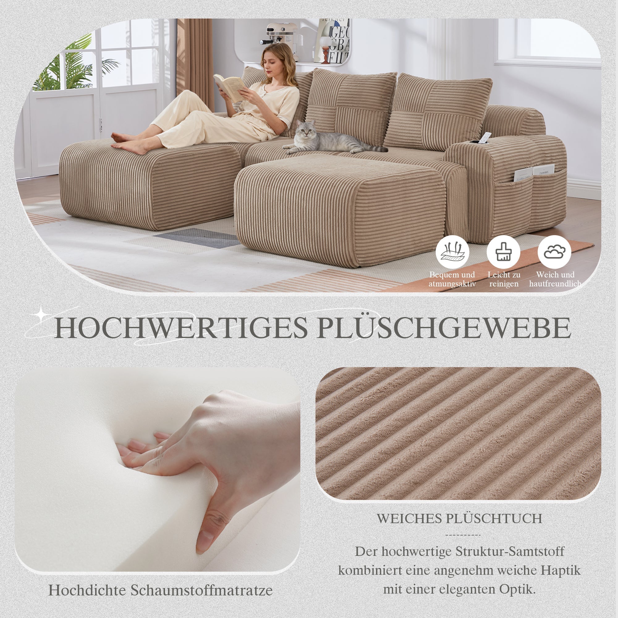 3-Seater Modular Sofa with Ottomans, Cup Holders and Side Pocket, Khaki Corduroy